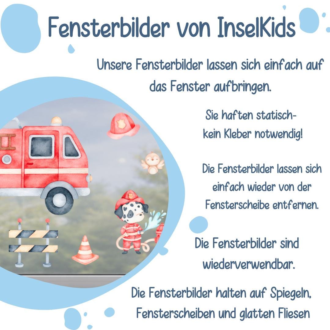 Fensterbild Feuerwehr – Feuerwehrauto & Feuerwehrhund – statisch haftende Fensterdeko – wiederverwendbar –