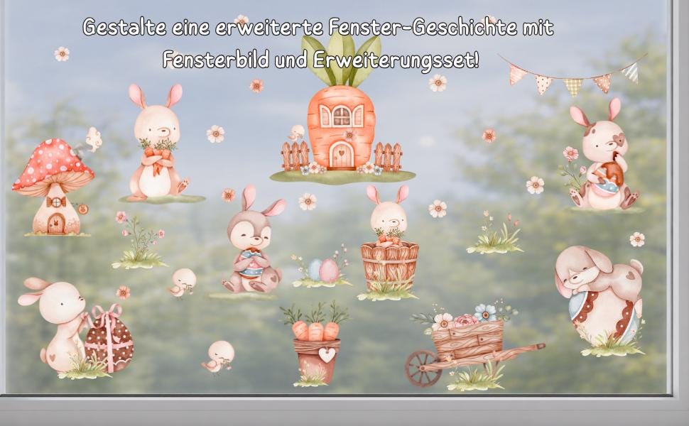 Fensterdeko Frühling – Fensterbild mit Häschen & Möhrenhaus, frühlingshafte Fensterdeko mit Blumen –