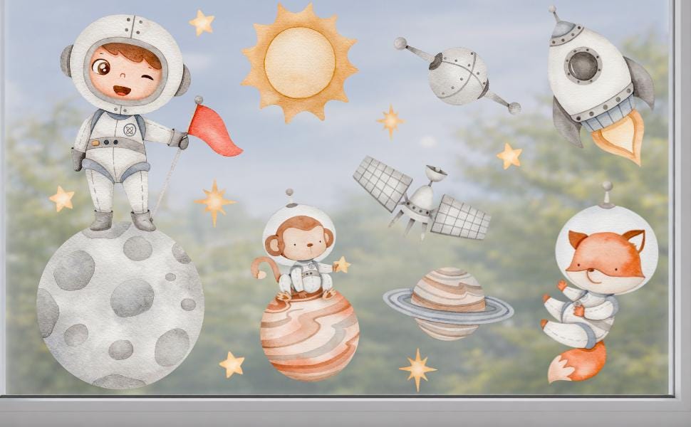 Fensterdeko Weltraum – Fensterbild mit Astronaut, Rakete & Planeten, fantasievolle Fensterdeko fürs zimmer –