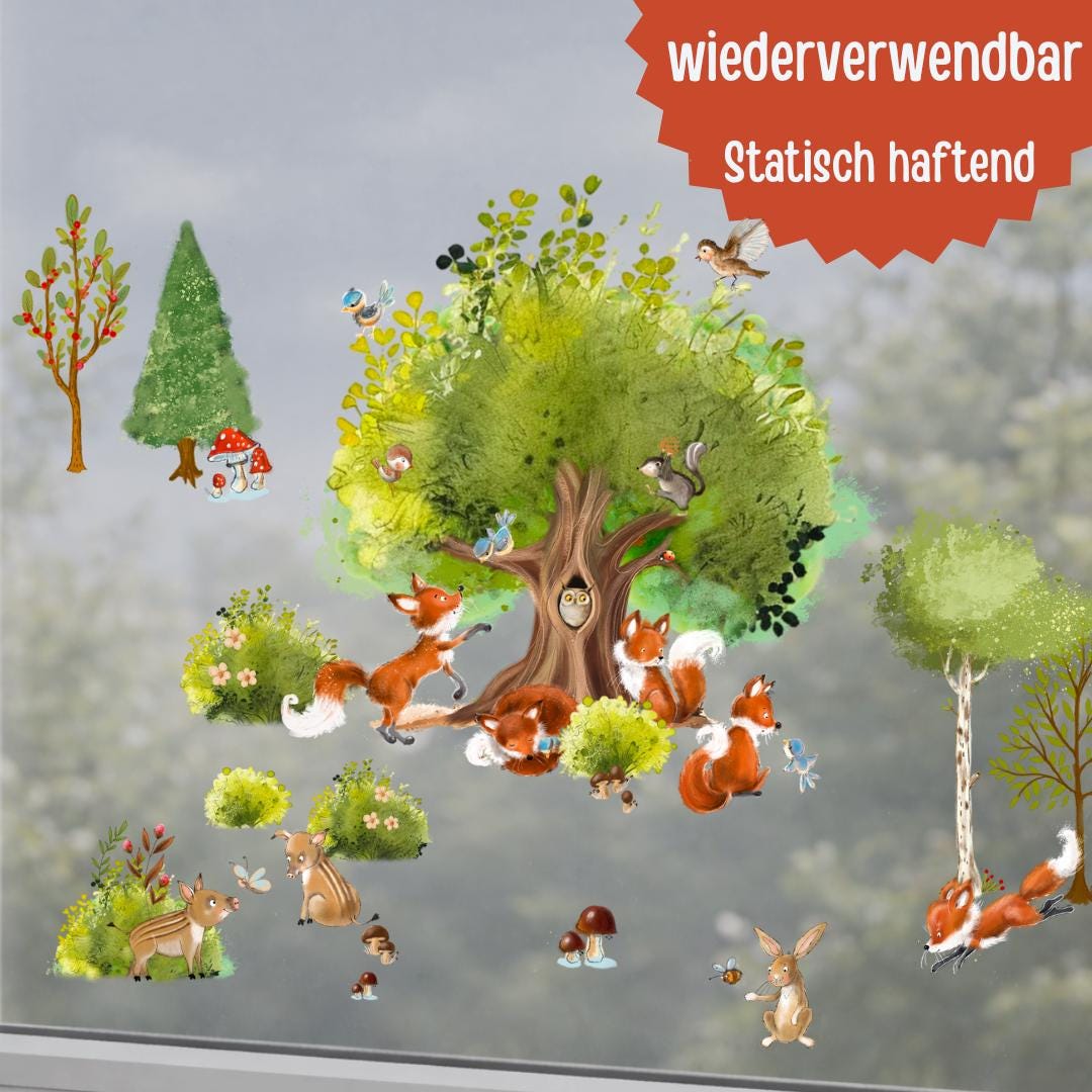 Fensterdeko Frühling – Fensterbild Frühlingswald mit Fuchs & Waldtieren, frühlingshafte Fensterdeko fürs zimmer –