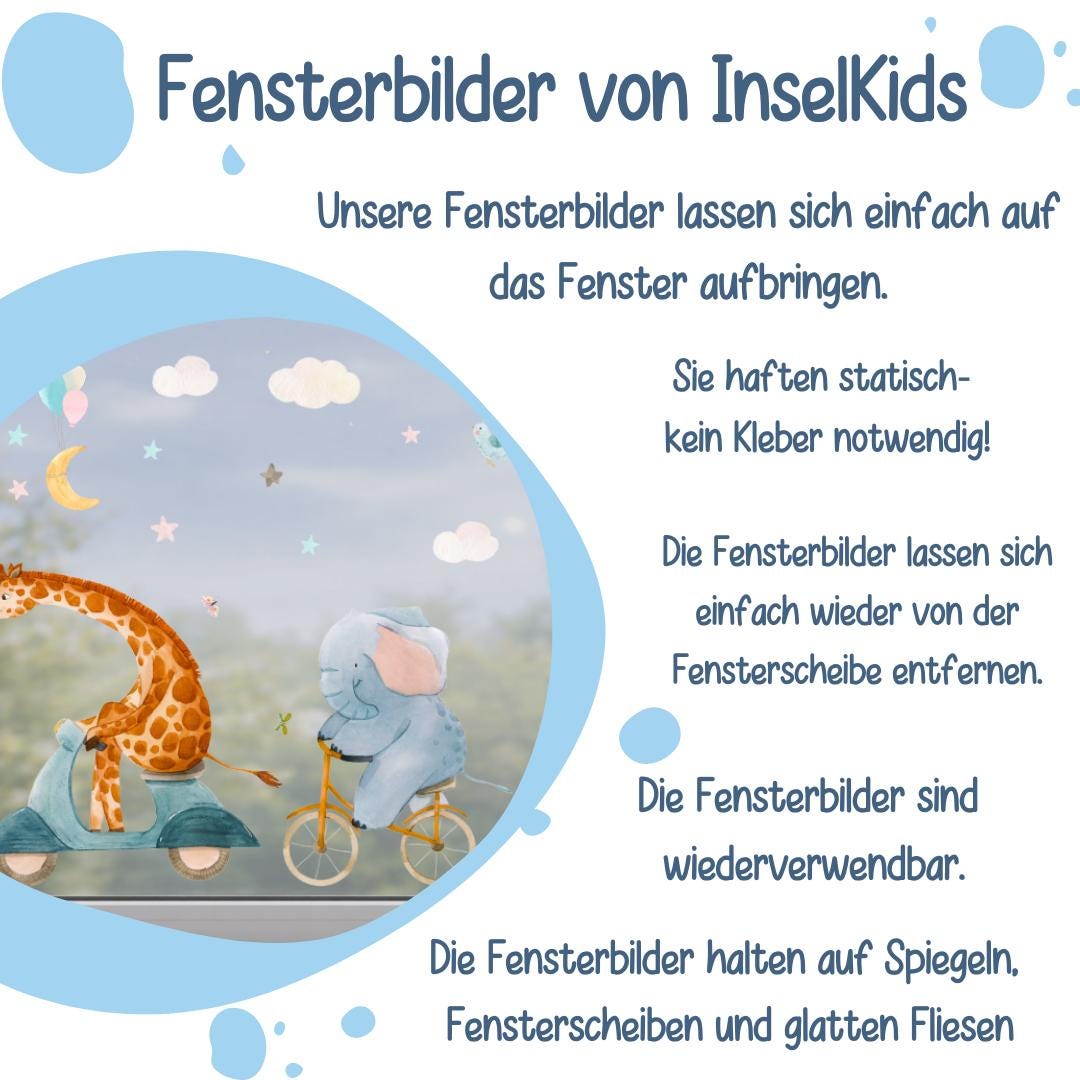 Frühlings-Fensterbilder zimmer – Tiere auf Rädern – Giraffe, Elefant & Igel – statisch haftende Fensterdeko –