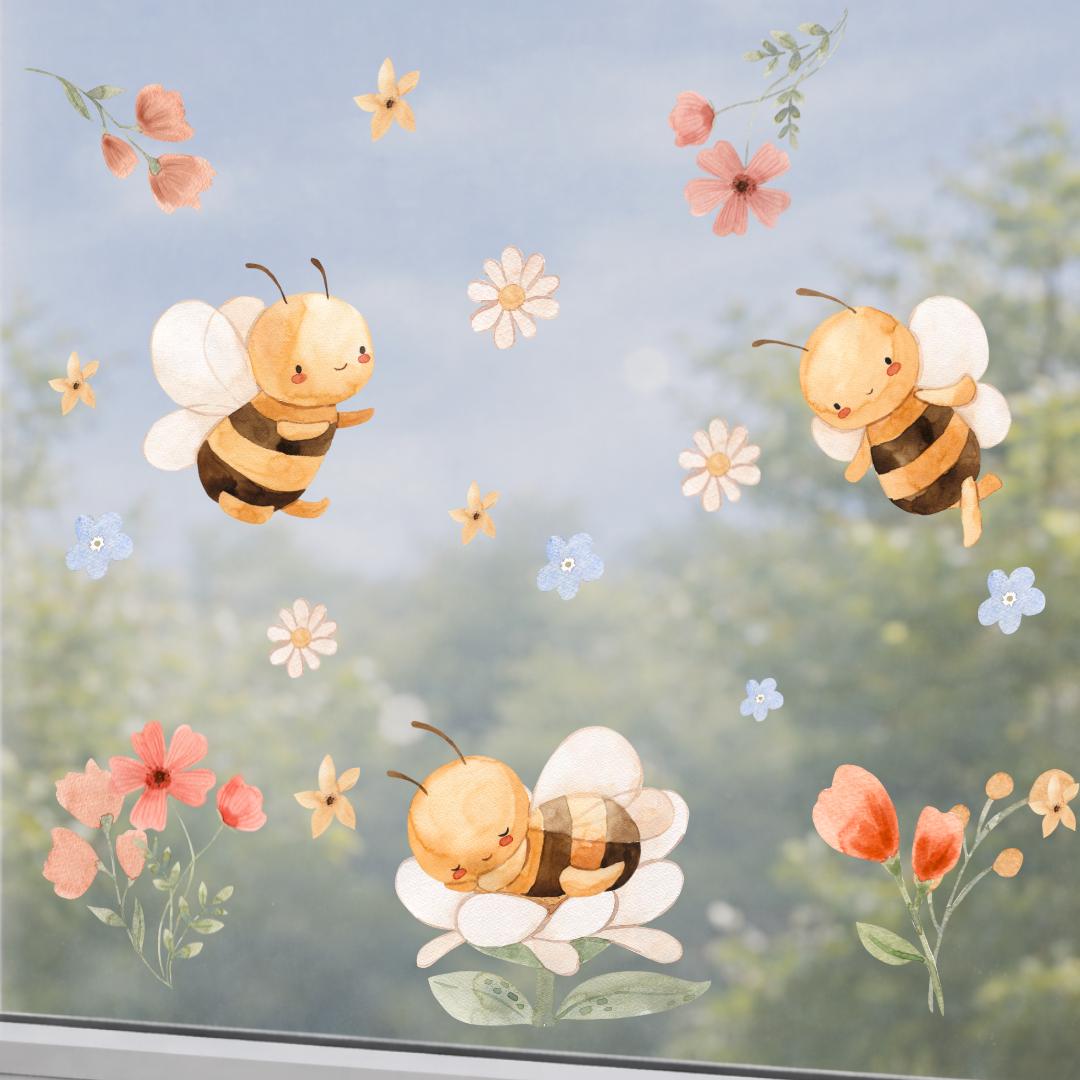 Fensterbild Bienen & Blumen – Frühlingshafte Fensterdeko für Kinder, statisch haftend und wiederverwendbar –