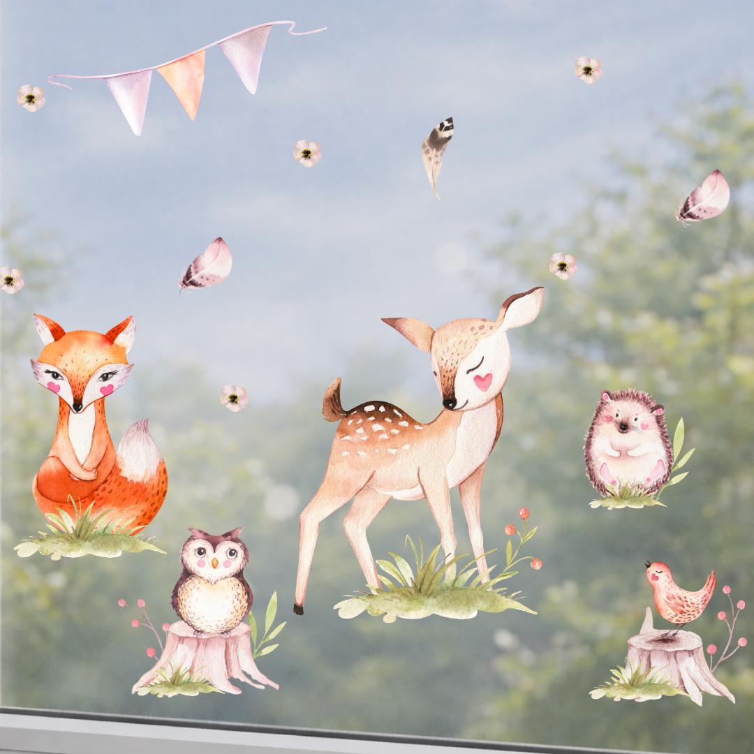 Fensterdeko Frühling – Waldtiere am Fenster, Fuchs, Reh & Eule als Fensterbild –