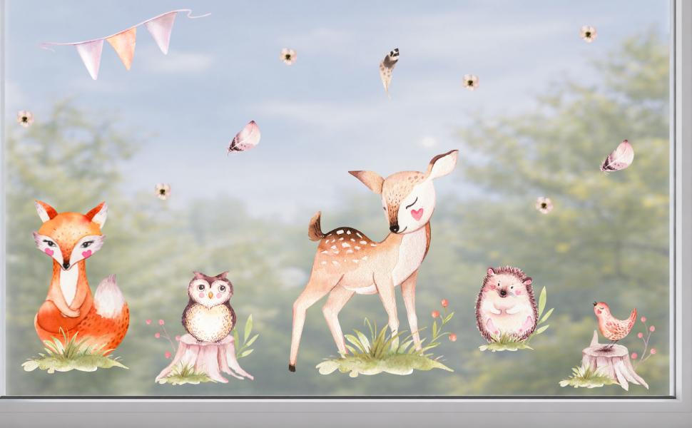 Fensterdeko Frühling – Waldtiere am Fenster, Fuchs, Reh & Eule als Fensterbild –