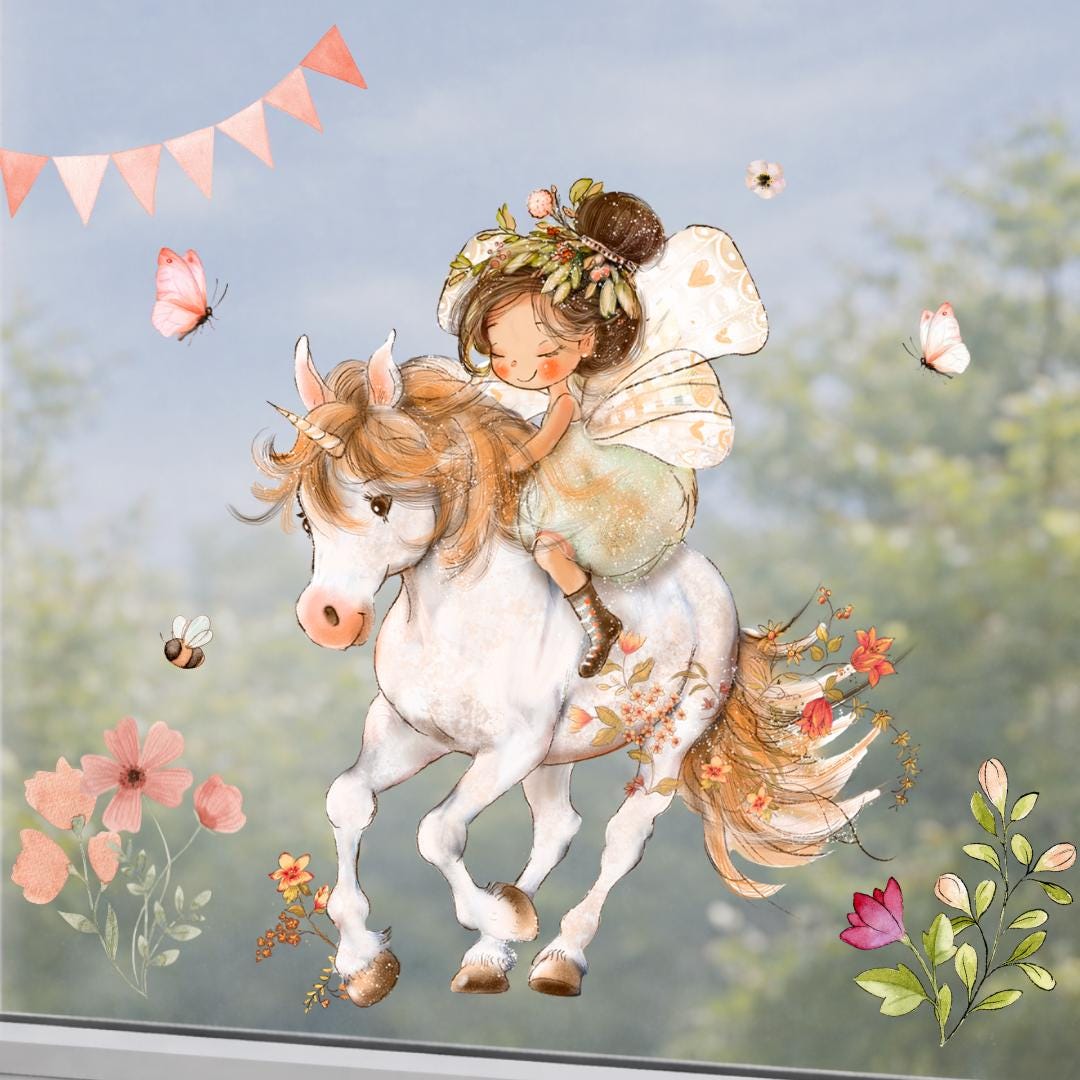 Fensterdeko Frühling mit Einhorn– Fensterbild mit Blumen & Schmetterlingen, frühlingshafte Fensterdeko –