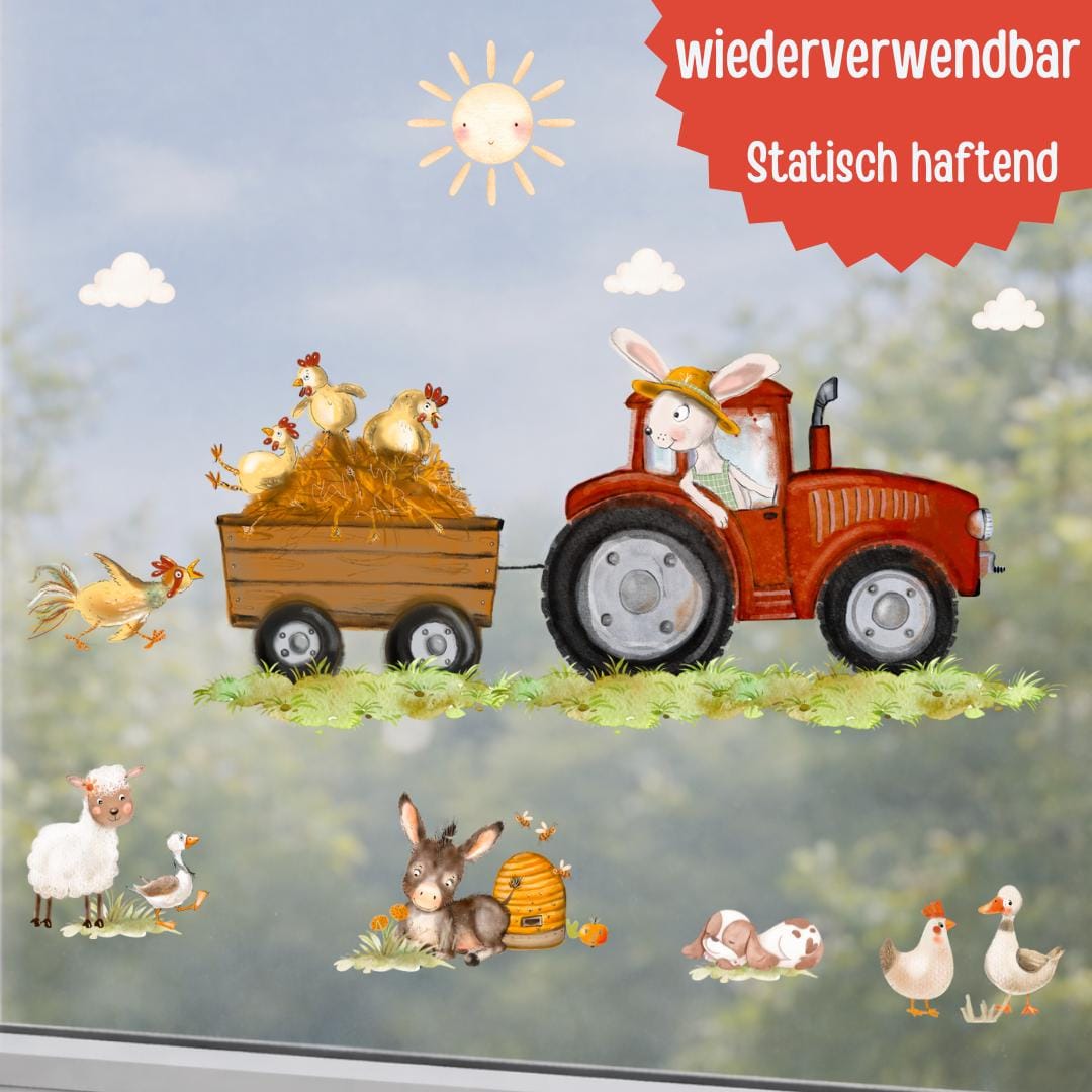 Fensterdeko mit Traktor – Fensterbild Bauernhof mit Tieren, liebevolle Bauernhof-Fensterdeko –