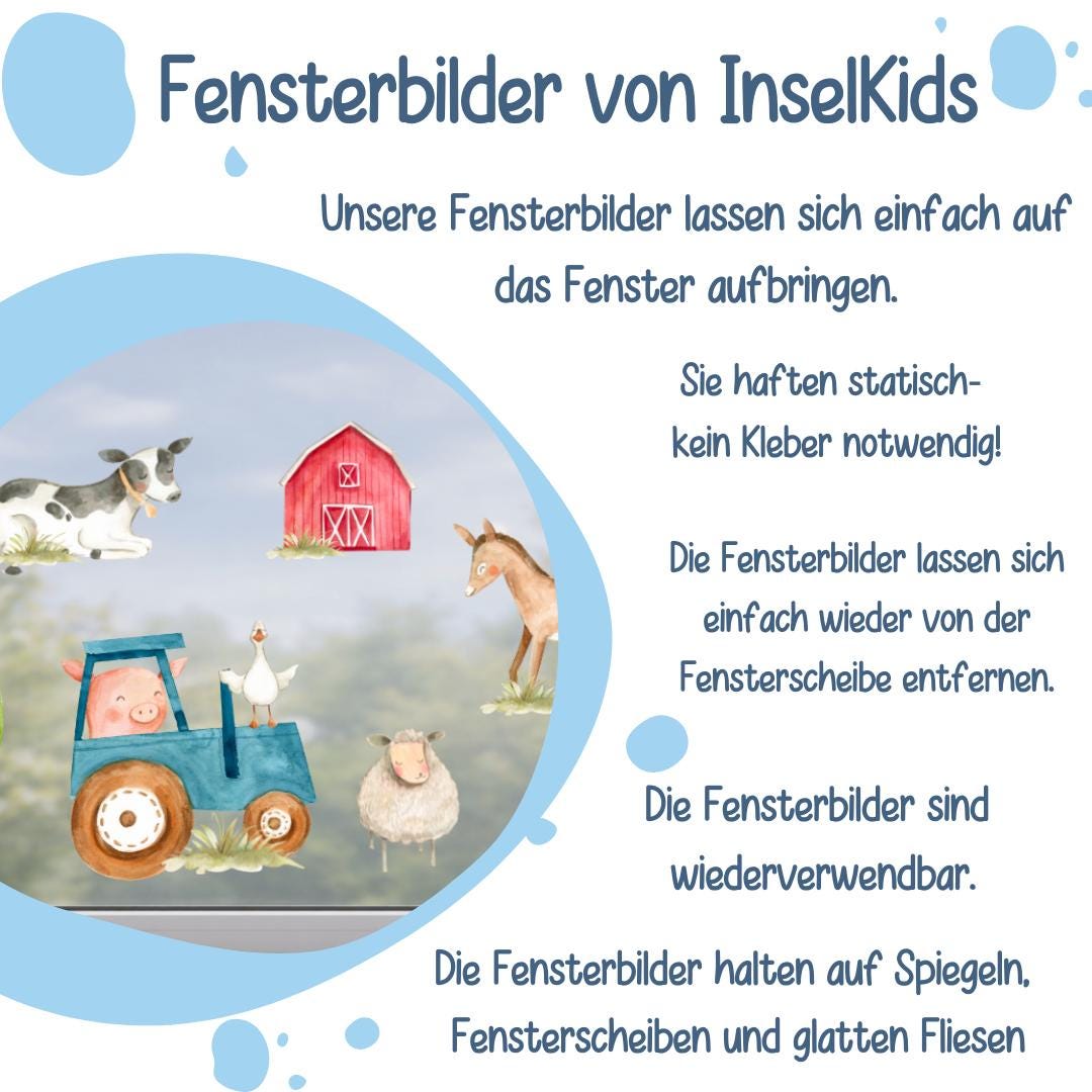 Fensterdeko Bauernhof und Traktor – Fensterbild Bauernhof mit Tieren, liebevolle Bauernhof-Fensterdeko für zimmer –