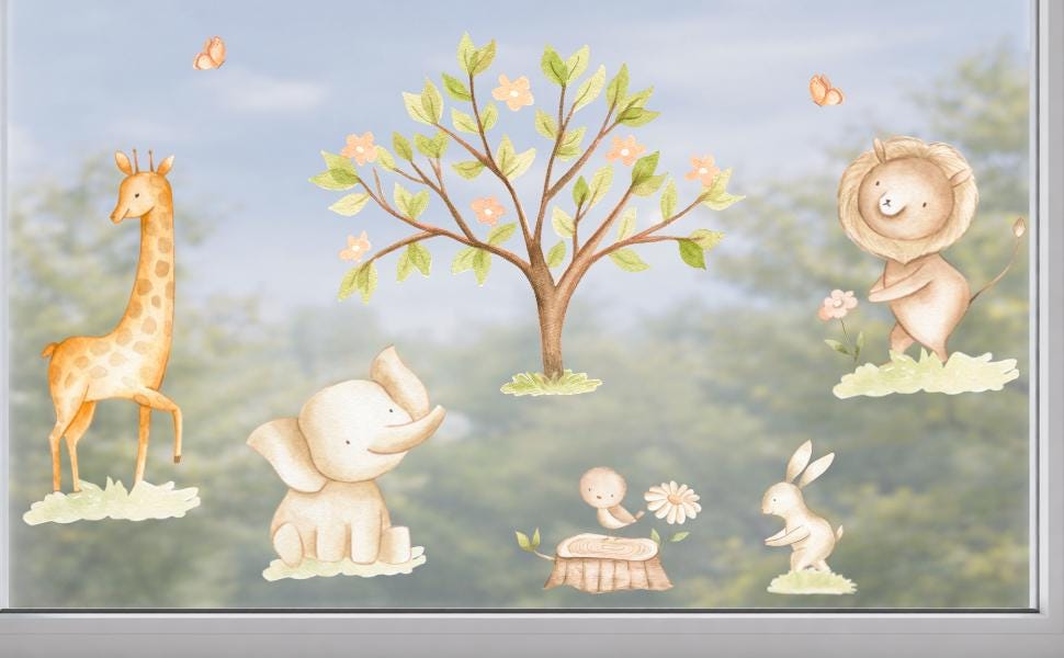Fensterdeko Frühling – Fensterbild mit Safari-Tieren, Baum & Blumen, frühlingshafte Fensterdeko für Kinderzimmer –