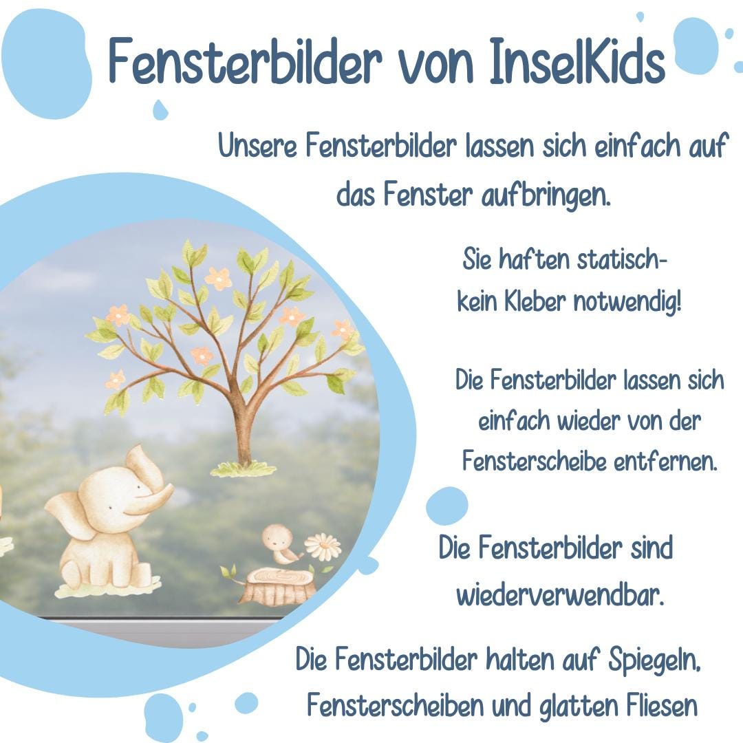 Fensterdeko Frühling – Fensterbild mit Safari-Tieren, Baum & Blumen, frühlingshafte Fensterdeko für zimmer –