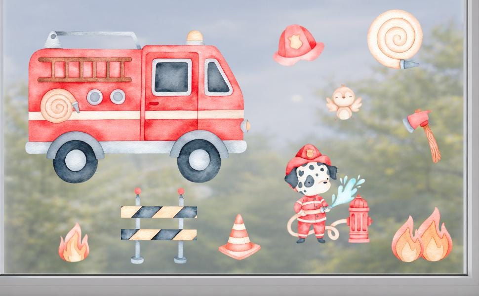 Fensterbild Feuerwehr – Feuerwehrauto & Feuerwehrhund – statisch haftende Fensterdeko – wiederverwendbar –