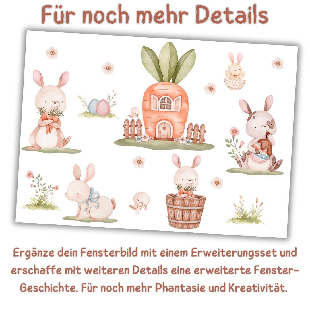 Fensterdeko Frühling – Fensterbild mit Häschen & Möhrenhaus, frühlingshafte Oster-Fensterdeko für Kinderzimmer –