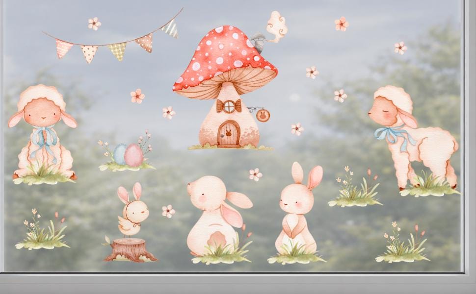 Fensterdeko Frühling – Fensterbild mit Häschen & Möhrenhaus, frühlingshafte Oster-Fensterdeko für Kinderzimmer –