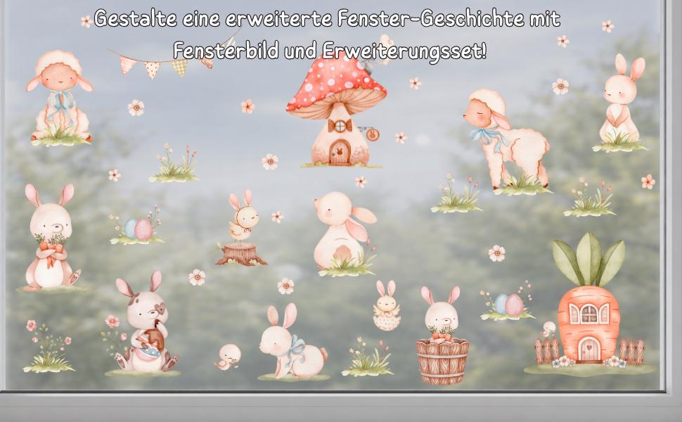 Fensterdeko Frühling – Fensterbild mit Häschen & Möhrenhaus, frühlingshafte Oster-Fensterdeko für Kinderzimmer –