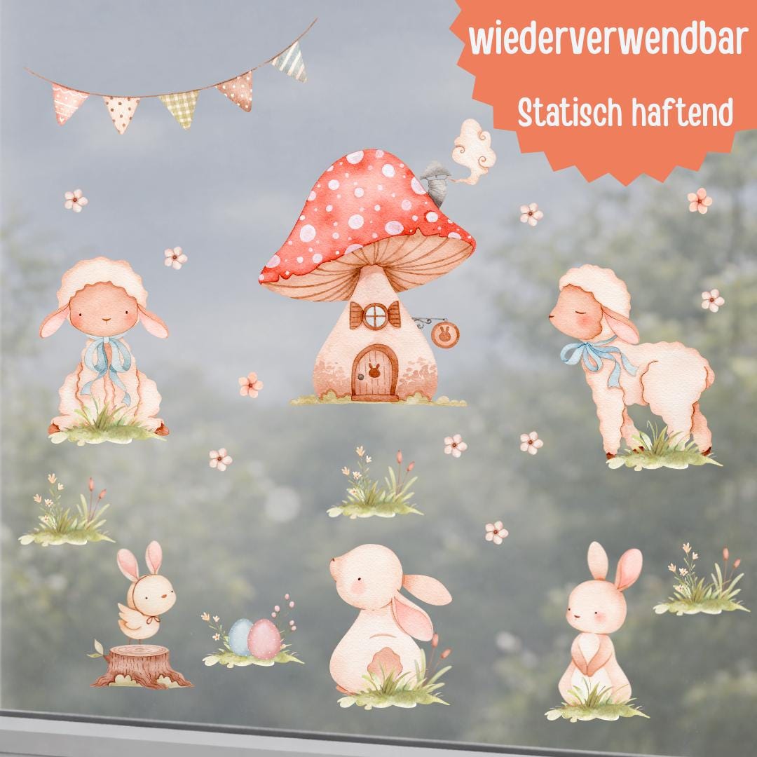 Fensterdeko Frühling – Fensterbild mit Häschen & Möhrenhaus, frühlingshafte Oster-Fensterdeko für Kinderzimmer –