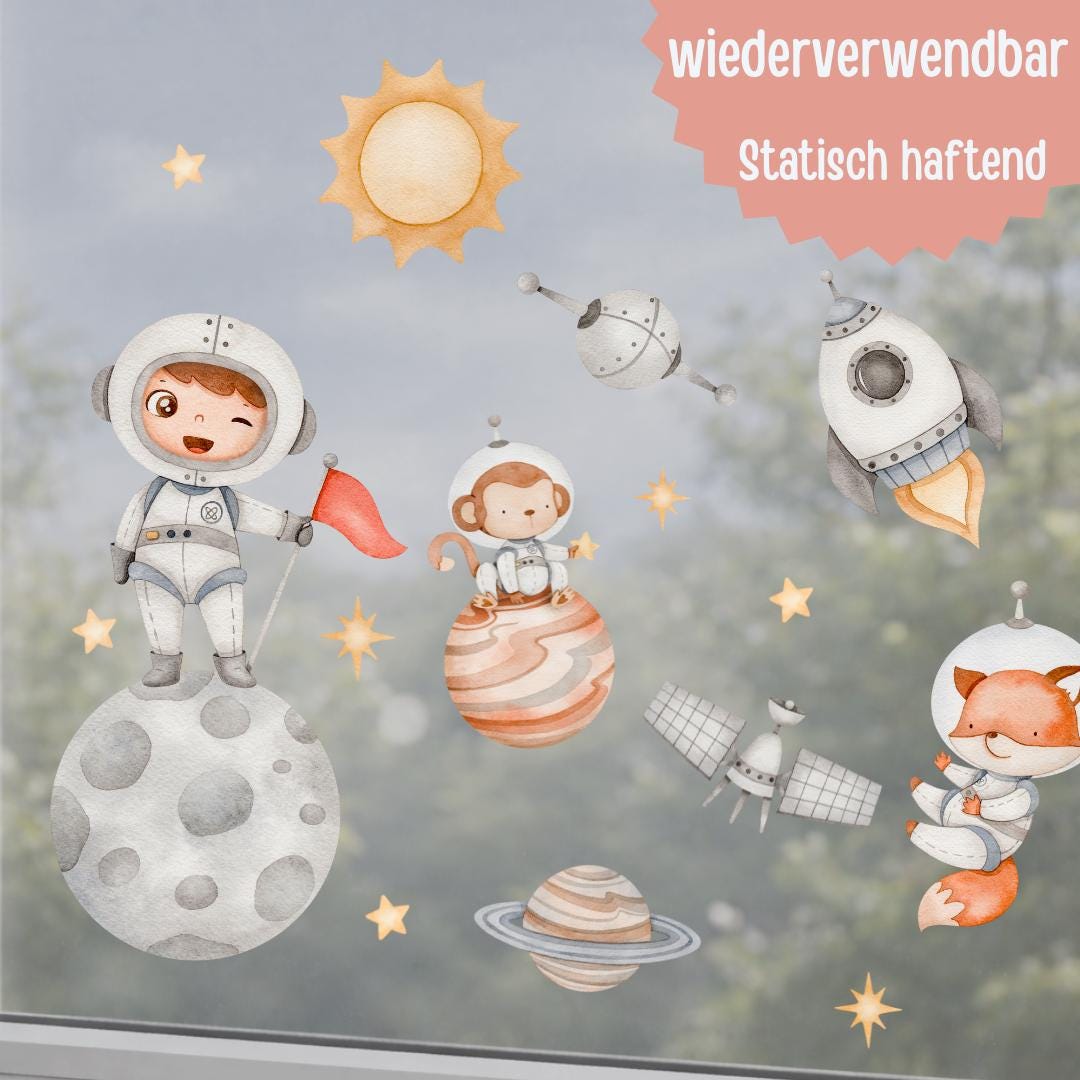Fensterdeko Weltraum – Fensterbild mit Astronaut, Rakete & Planeten, fantasievolle Fensterdeko fürs zimmer –