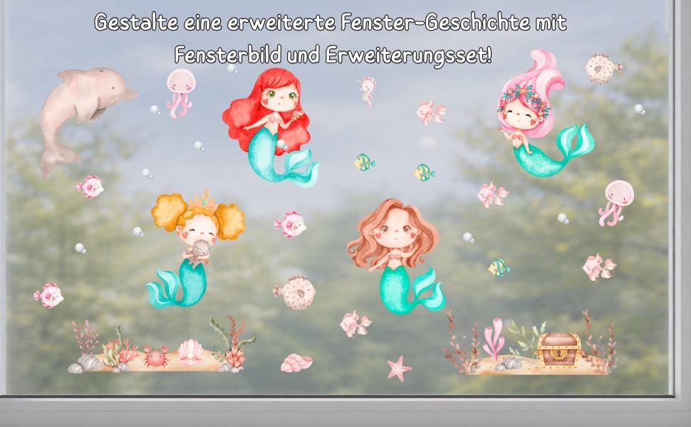Fensterdeko Meerjungfrau – Fensterbild Unterwasserwelt mit Meerjungfrauen & Meerestieren fürs zimmer –