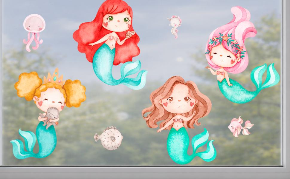 Fensterdeko Meerjungfrau – Fensterbild Unterwasserwelt mit Meerjungfrauen & Meerestieren fürs zimmer –