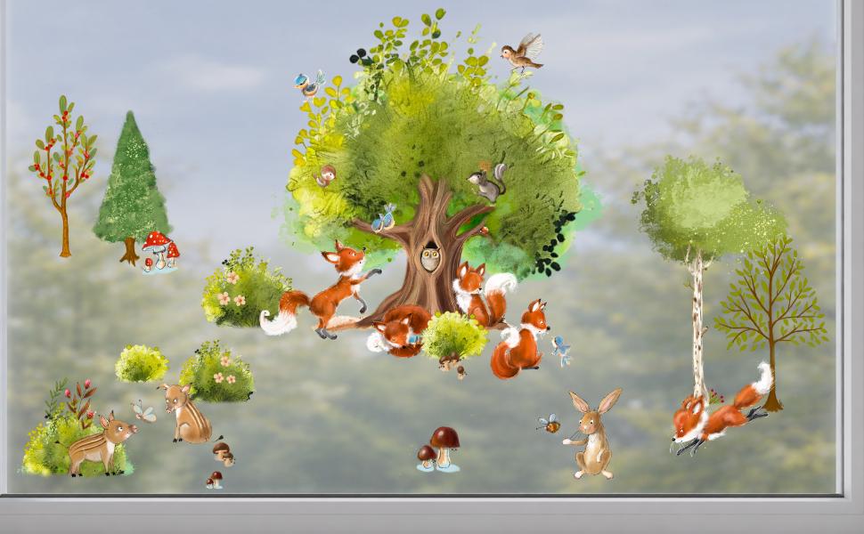 Fensterdeko Frühling – Fensterbild Frühlingswald mit Fuchs & Waldtieren, frühlingshafte Fensterdeko fürs Kinderzimmer –