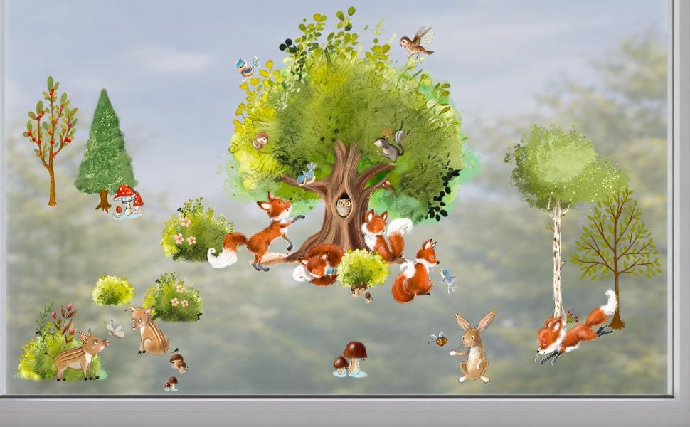 Fensterdeko Frühling – Fensterbild Frühlingswald mit Fuchs & Waldtieren, frühlingshafte Fensterdeko fürs zimmer –
