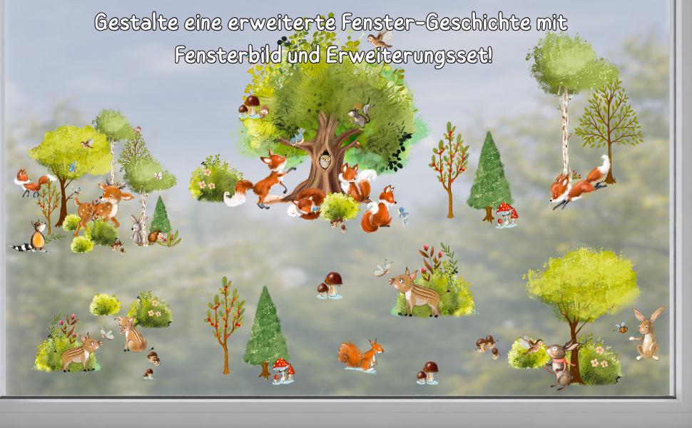 Fensterdeko Frühling – Fensterbild Frühlingswald mit Fuchs & Waldtieren, frühlingshafte Fensterdeko fürs Kinderzimmer –