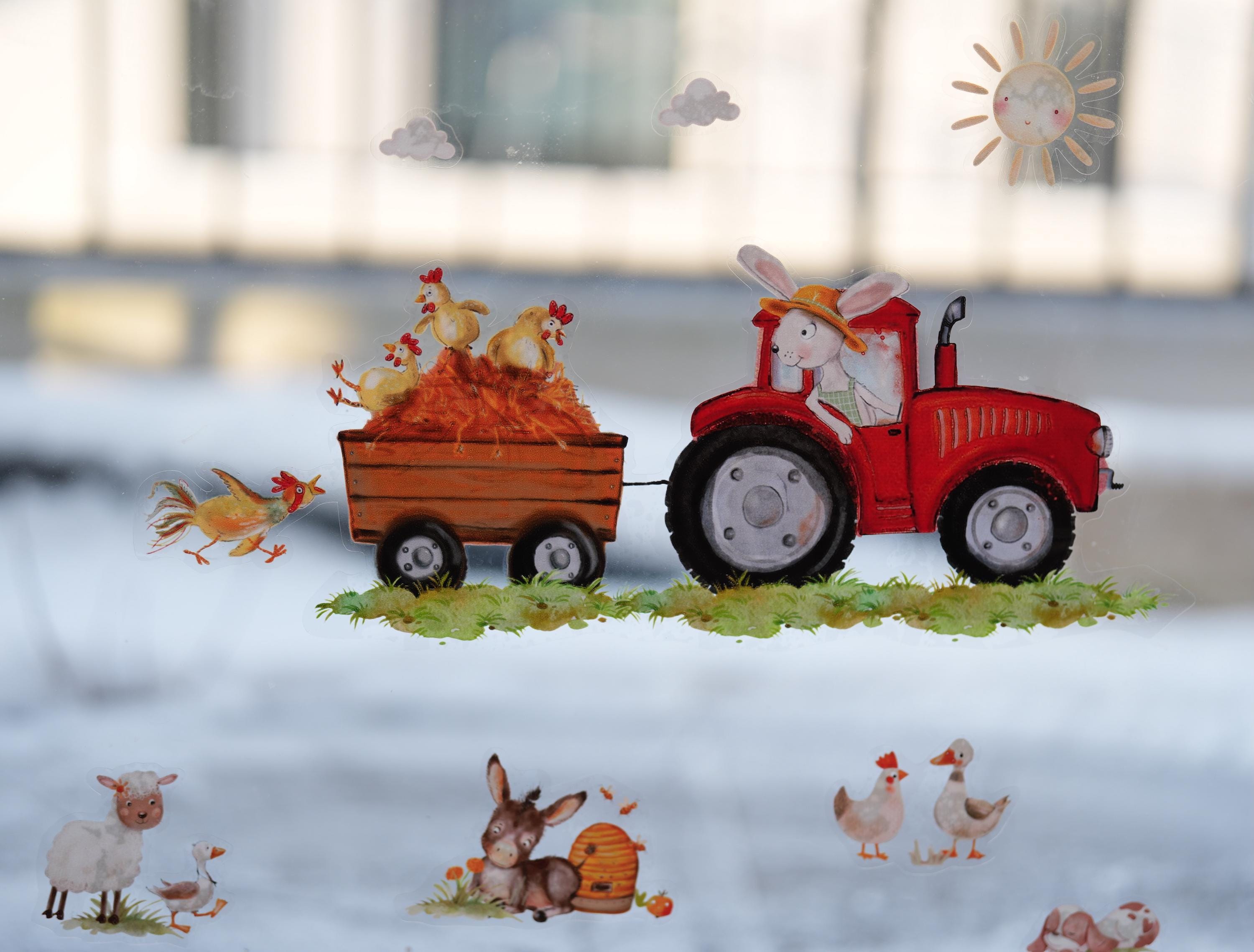 Fensterdeko mit Traktor – Fensterbild Bauernhof mit Tieren, liebevolle Bauernhof-Fensterdeko –