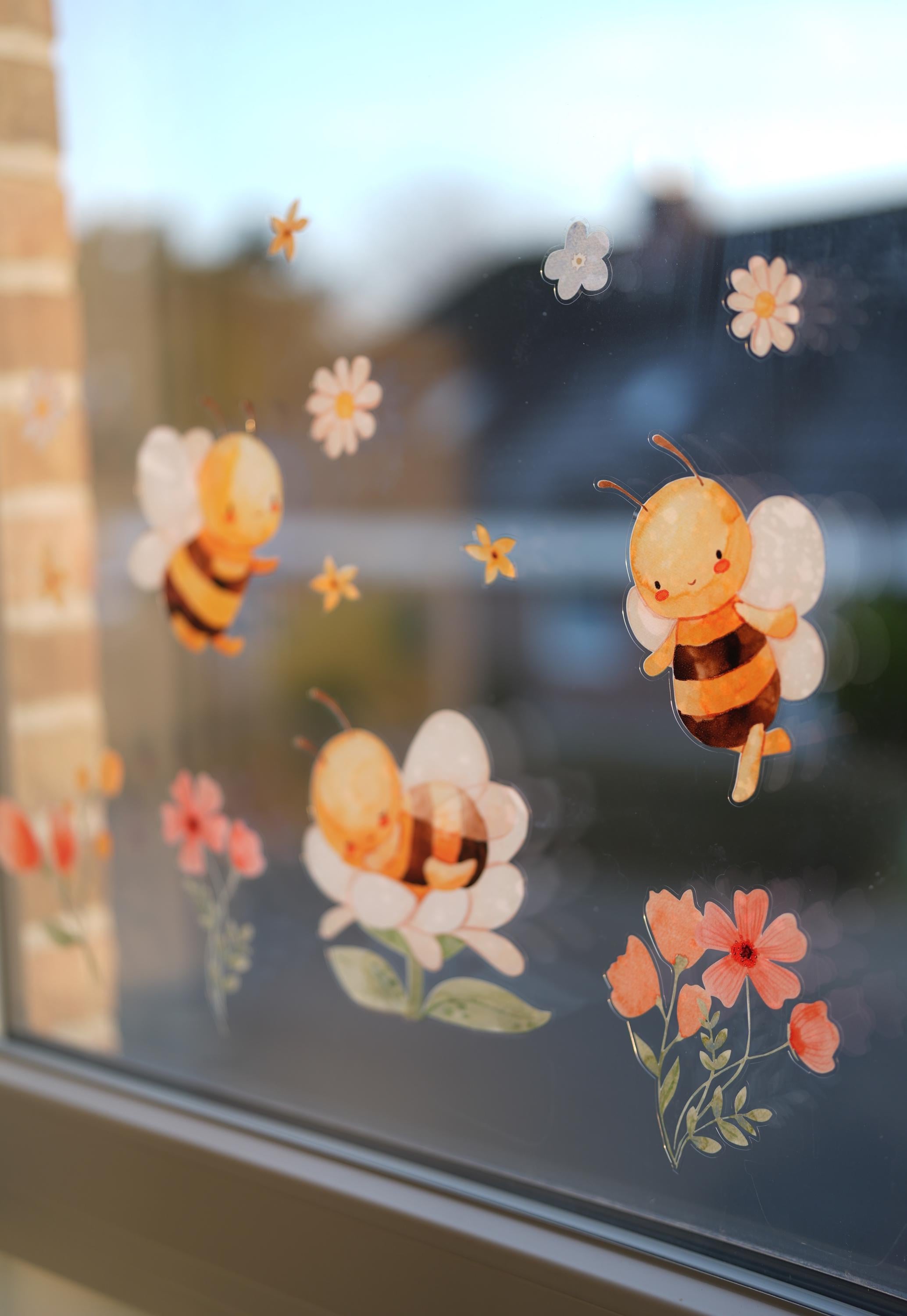 Fensterbild Bienen & Blumen – Frühlingshafte Fensterdeko für , statisch haftend und wiederverwendbar –