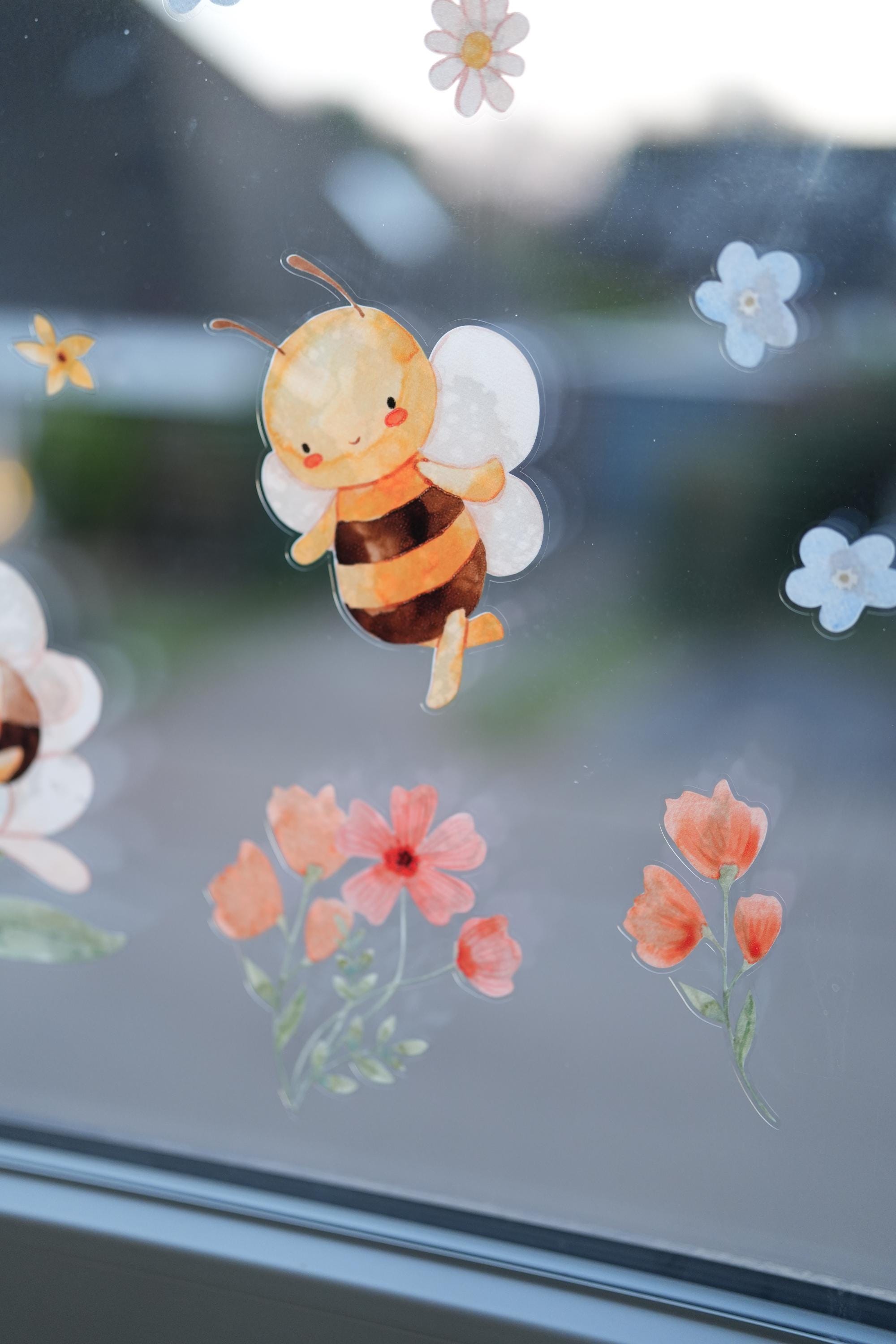 Fensterbild Bienen & Blumen – Frühlingshafte Fensterdeko für , statisch haftend und wiederverwendbar –
