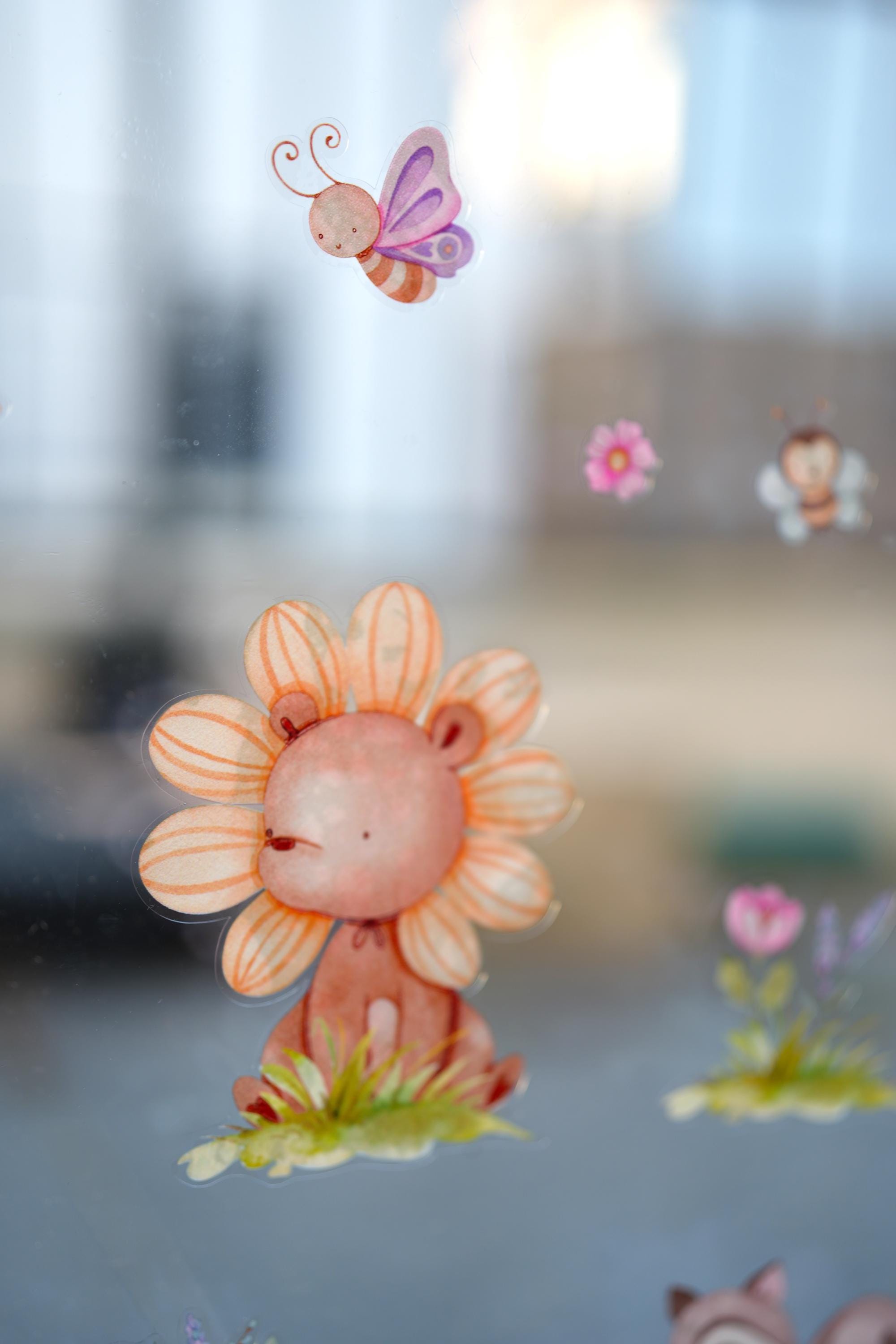 Fensterbild Frühling mit Tieren & Blumen – statisch haftende Fensterdeko – wiederverwendbar –