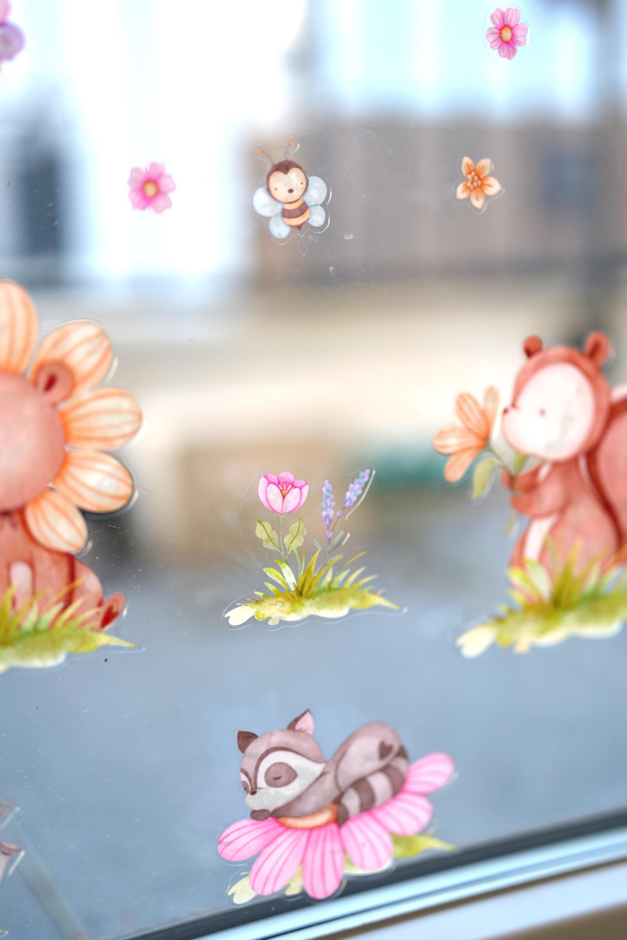 Fensterbild Frühling mit Tieren & Blumen – statisch haftende Fensterdeko – wiederverwendbar –