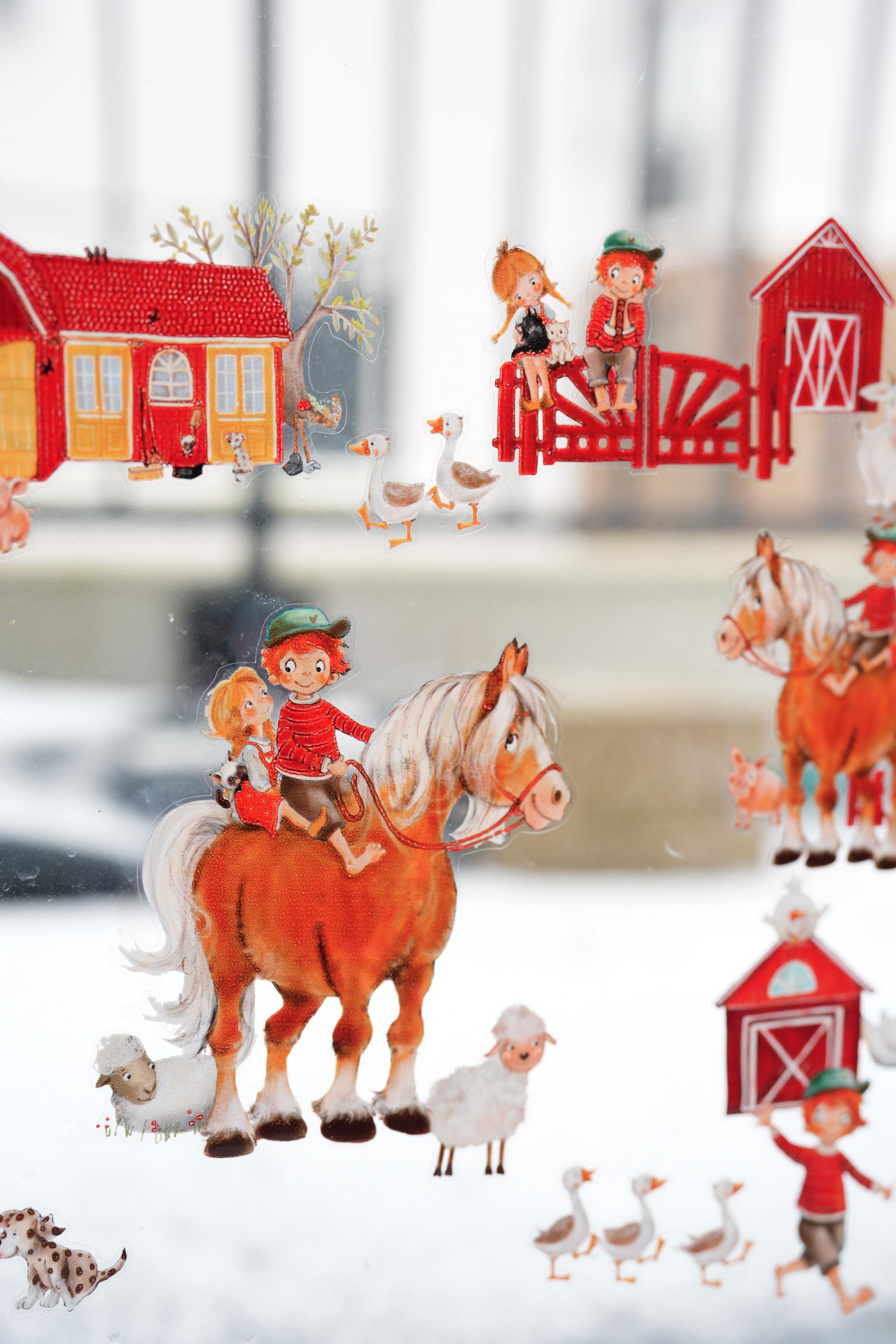 Frühlings-Fensterbilder Bauernhof – statisch haftende Fensterdeko zimmer – Kleiner Lausbub & Bauernhofszene –