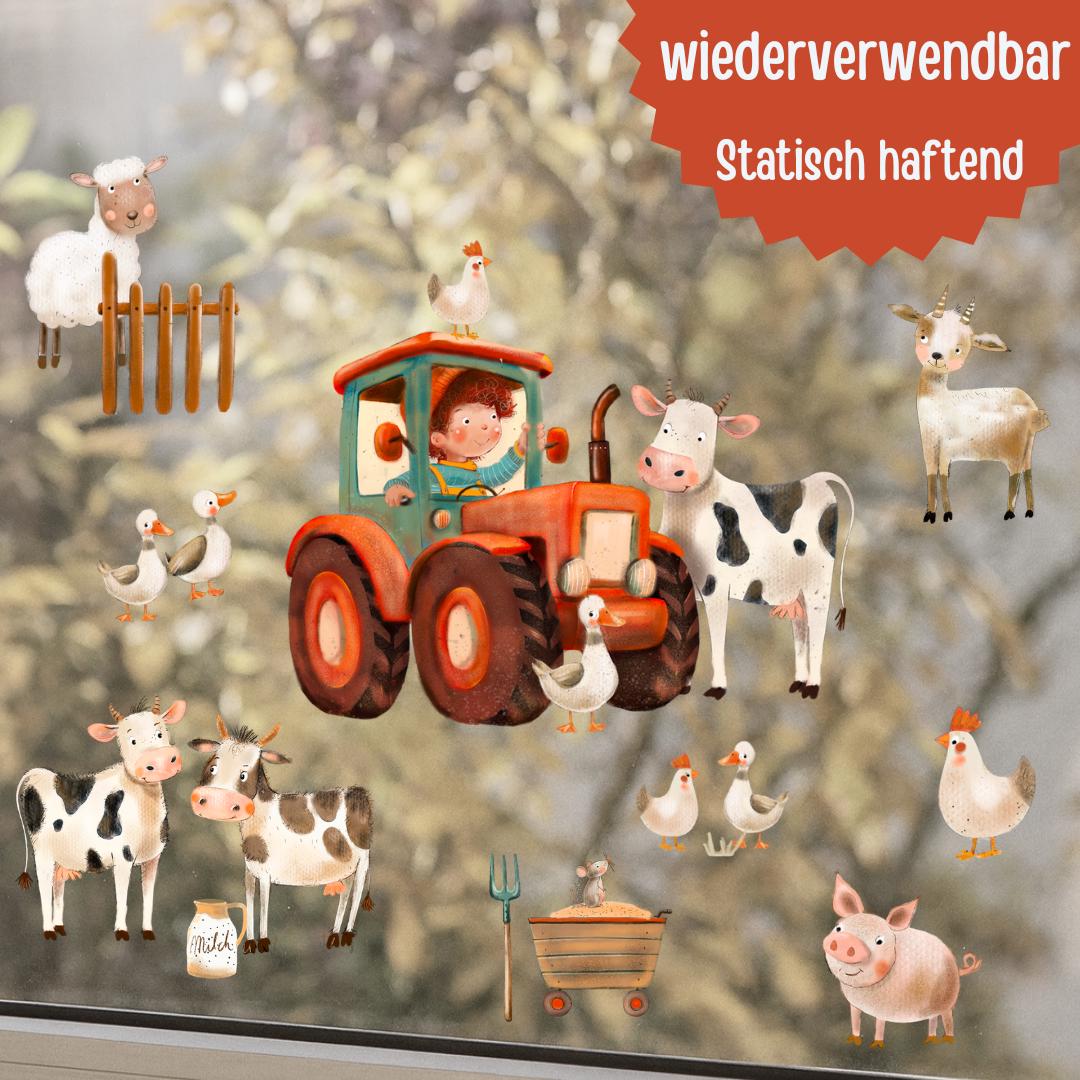 Fensterbild Bauernhof mit Tieren – niedliche Tiere & Traktor – statisch haftend und wiederverwendbar – zimmer Deko –