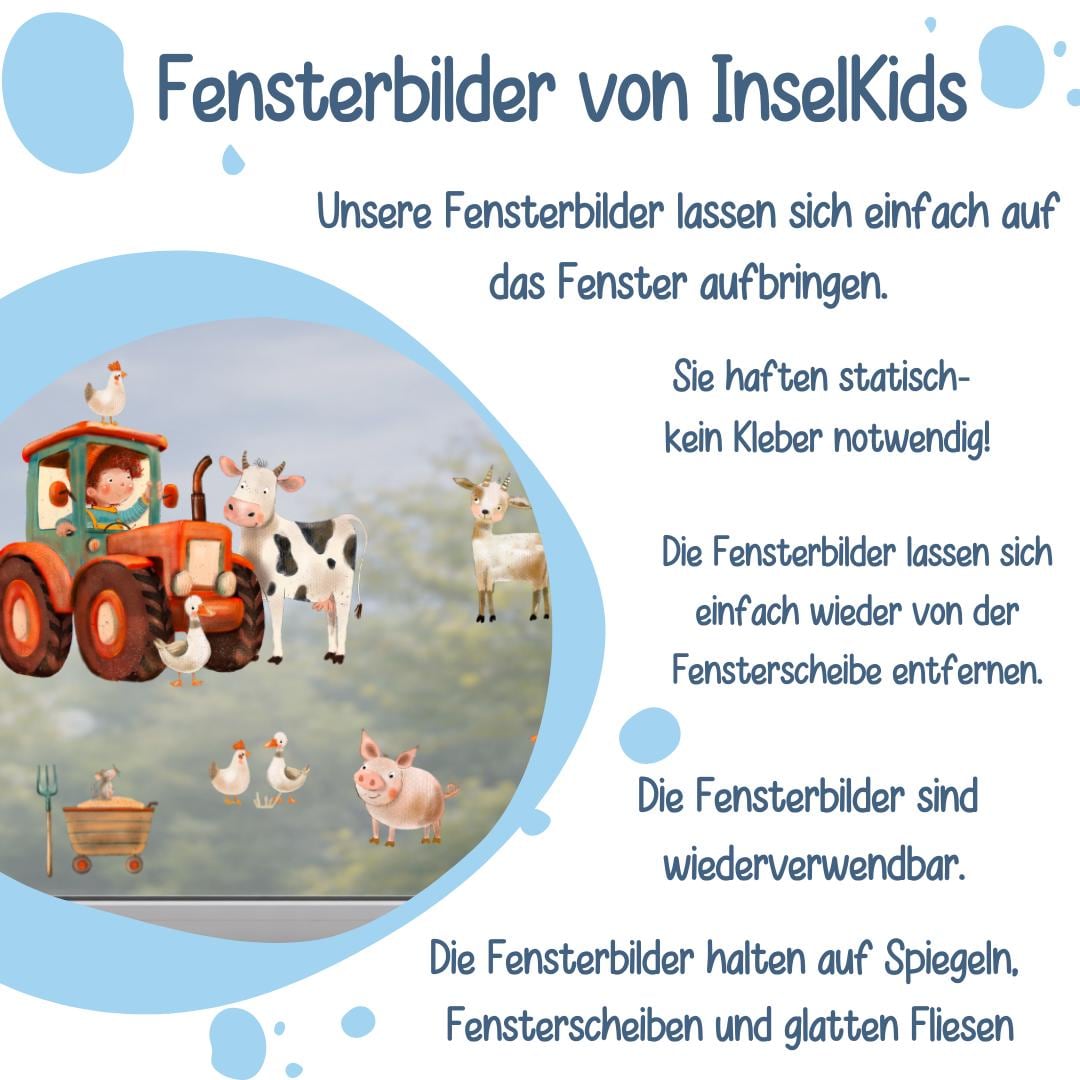 Fensterbild Bauernhof mit Tieren – niedliche Tiere & Traktor – statisch haftend und wiederverwendbar – zimmer Deko –