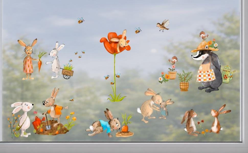 Frühlings-Fensterbilder Hasen im Garten –