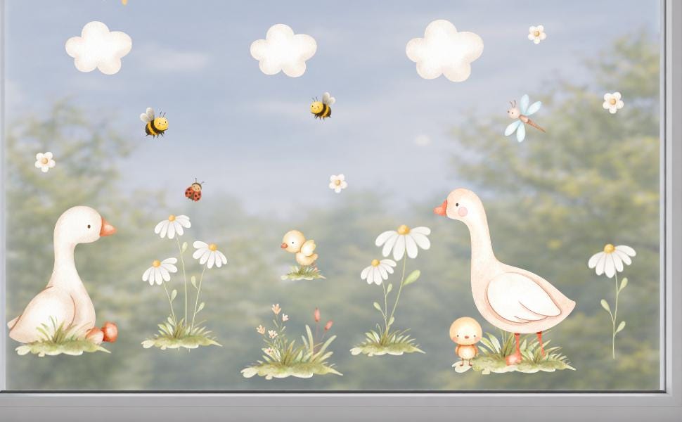 Fensterbild Frühling mit Gans & Küken –