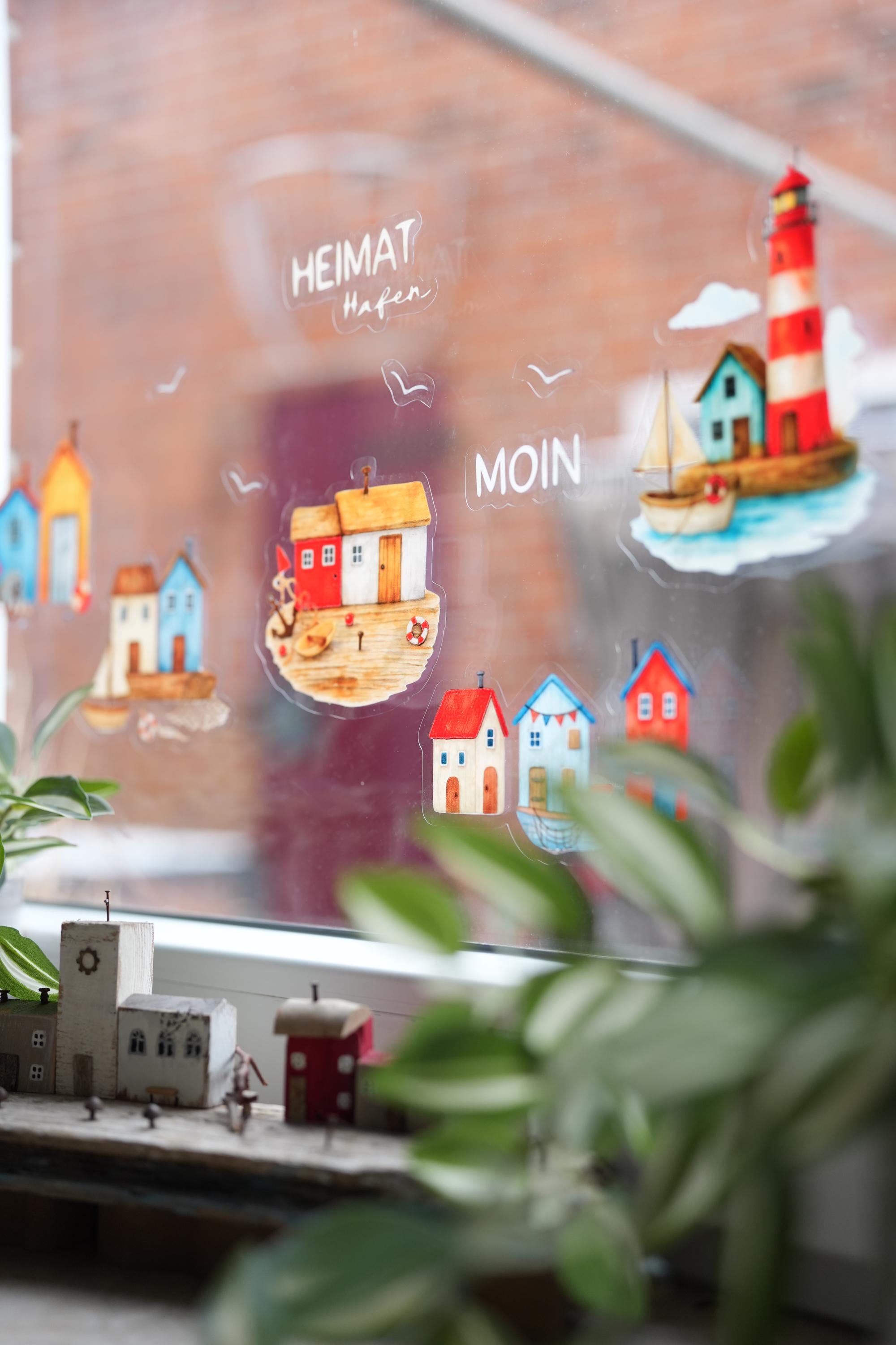 Fensterbild Strandhäuser Treibholzstil – ablösbar & wiederverwendbar – maritime Fensterdeko Leuchtturm Küstenhäuschen Deko Meer –