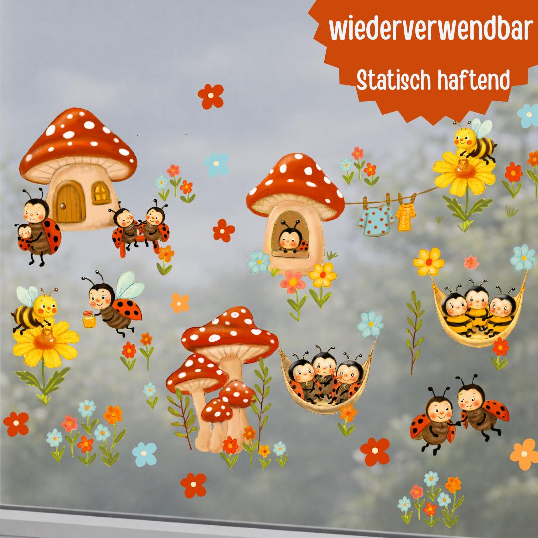 Frühlings-Fensterbilder Marienkäfer und Bienen – statisch haftende Fensterdeko Frühling – Blumen & Bienen wiederverwendbar –