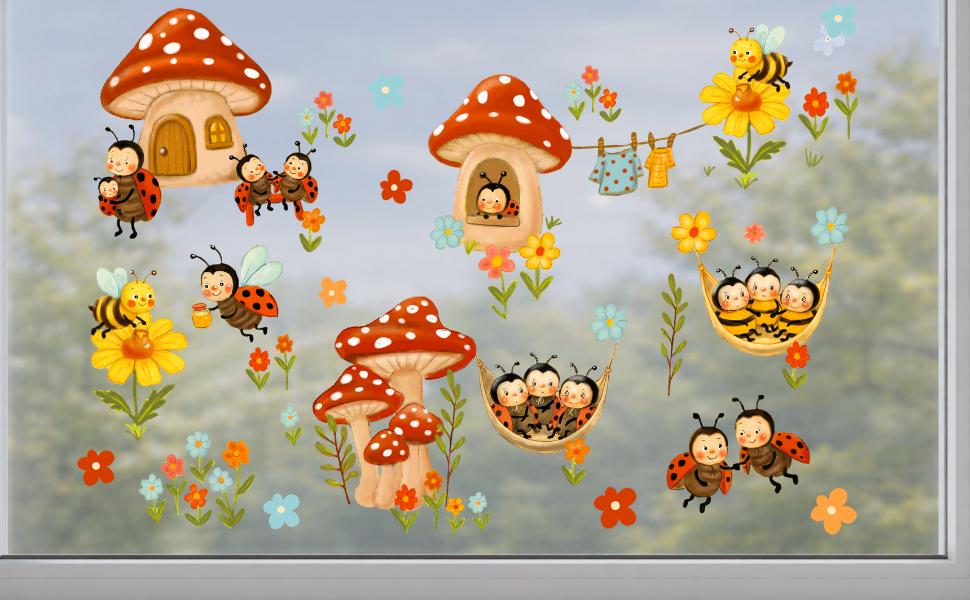Frühlings-Fensterbilder Marienkäfer und Bienen – statisch haftende Fensterdeko Frühling – Blumen & Bienen wiederverwendbar –