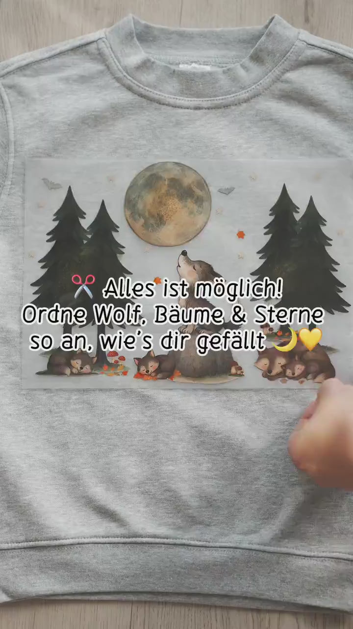 Bügelbild Wolf Waldtiere – A4 & A5 – Motiv mit Mond – Aufbügler – Waldtiere Bügeltransfer für Shirts