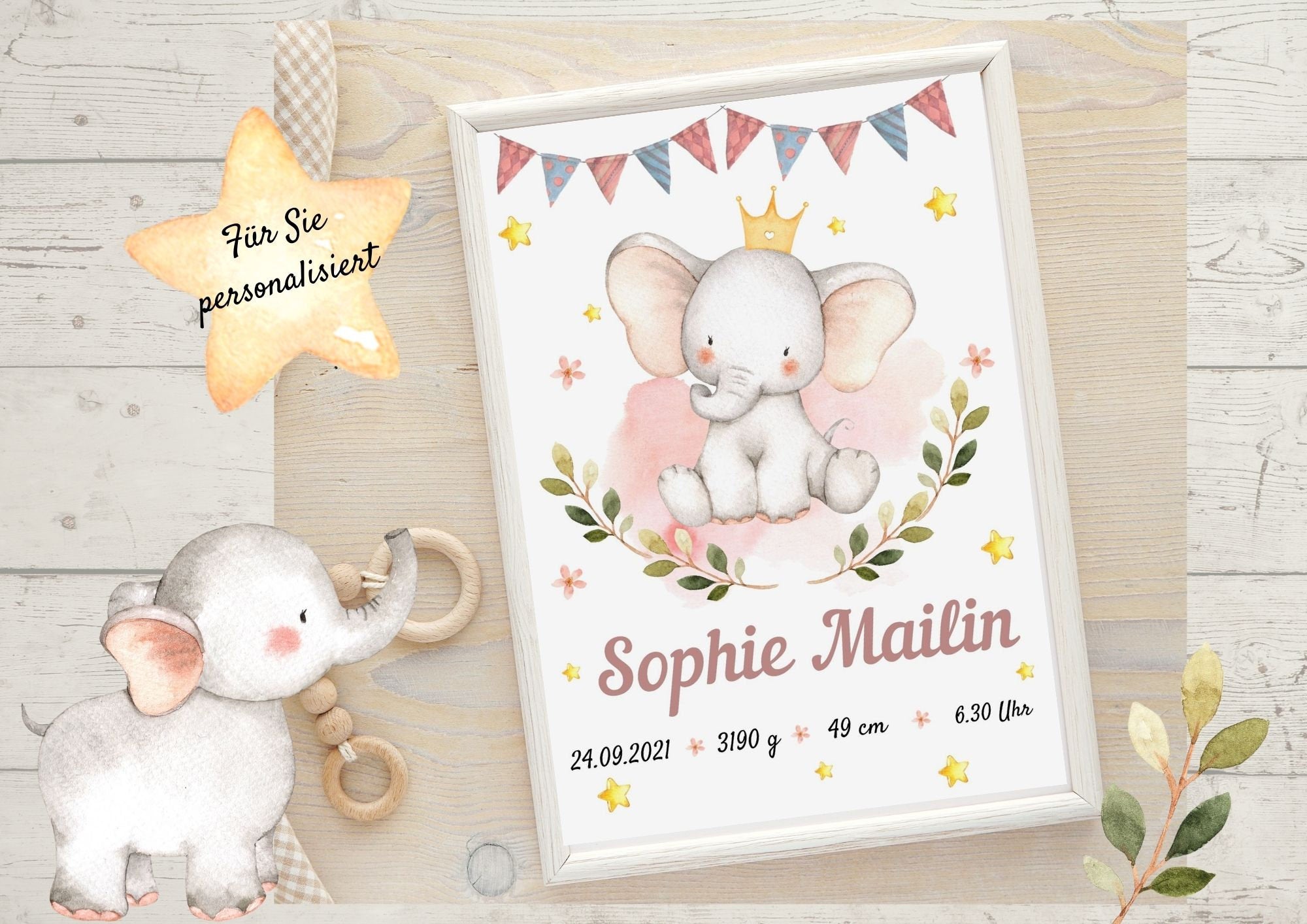 Geburtsanzeige Geburtsposter Geburtsdaten Geschenk zur Geburt Elefant