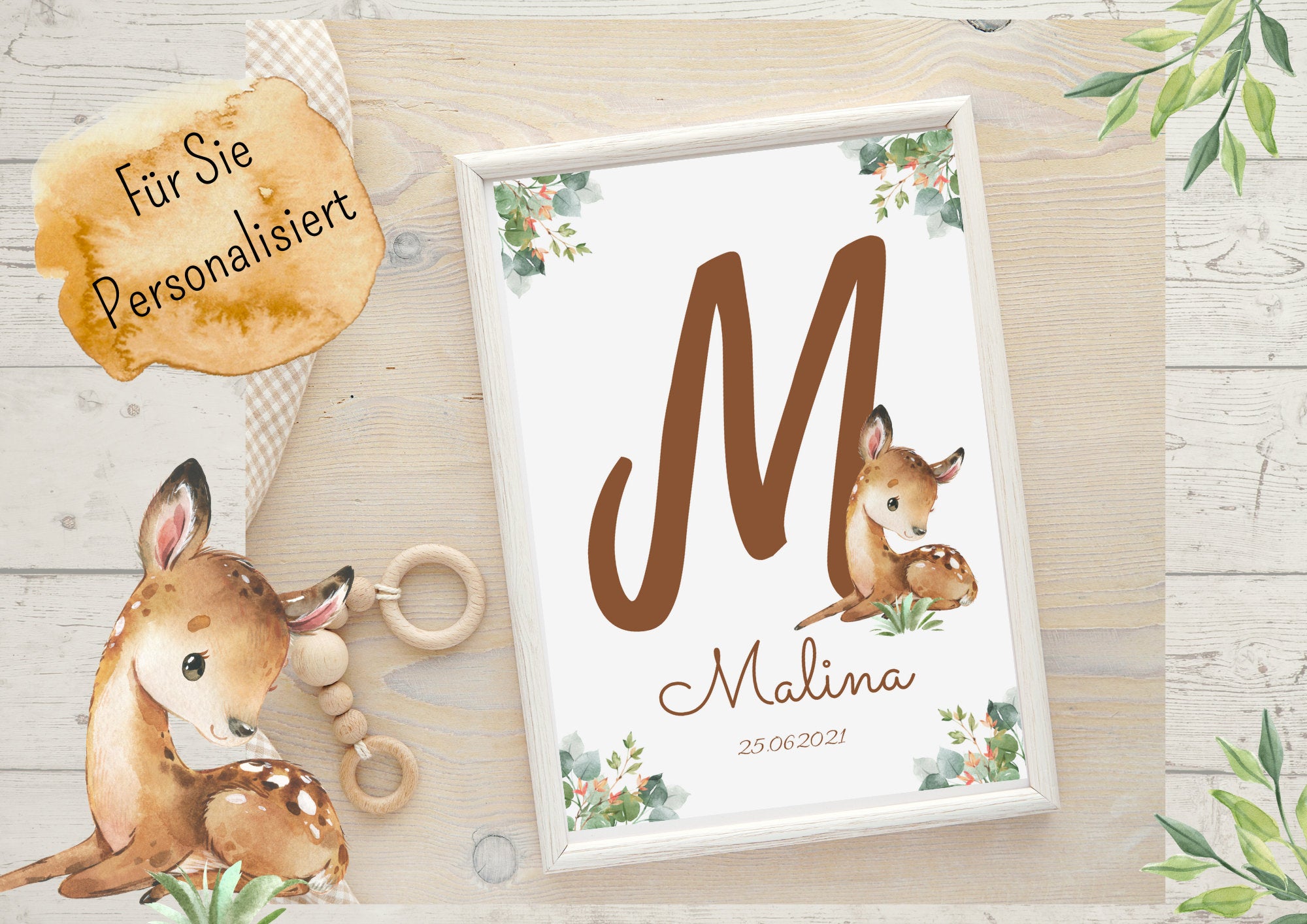 Geburtsanzeige Geburtsposter Geburtsdaten Geschenk zur Geburt Reh Buchstabe