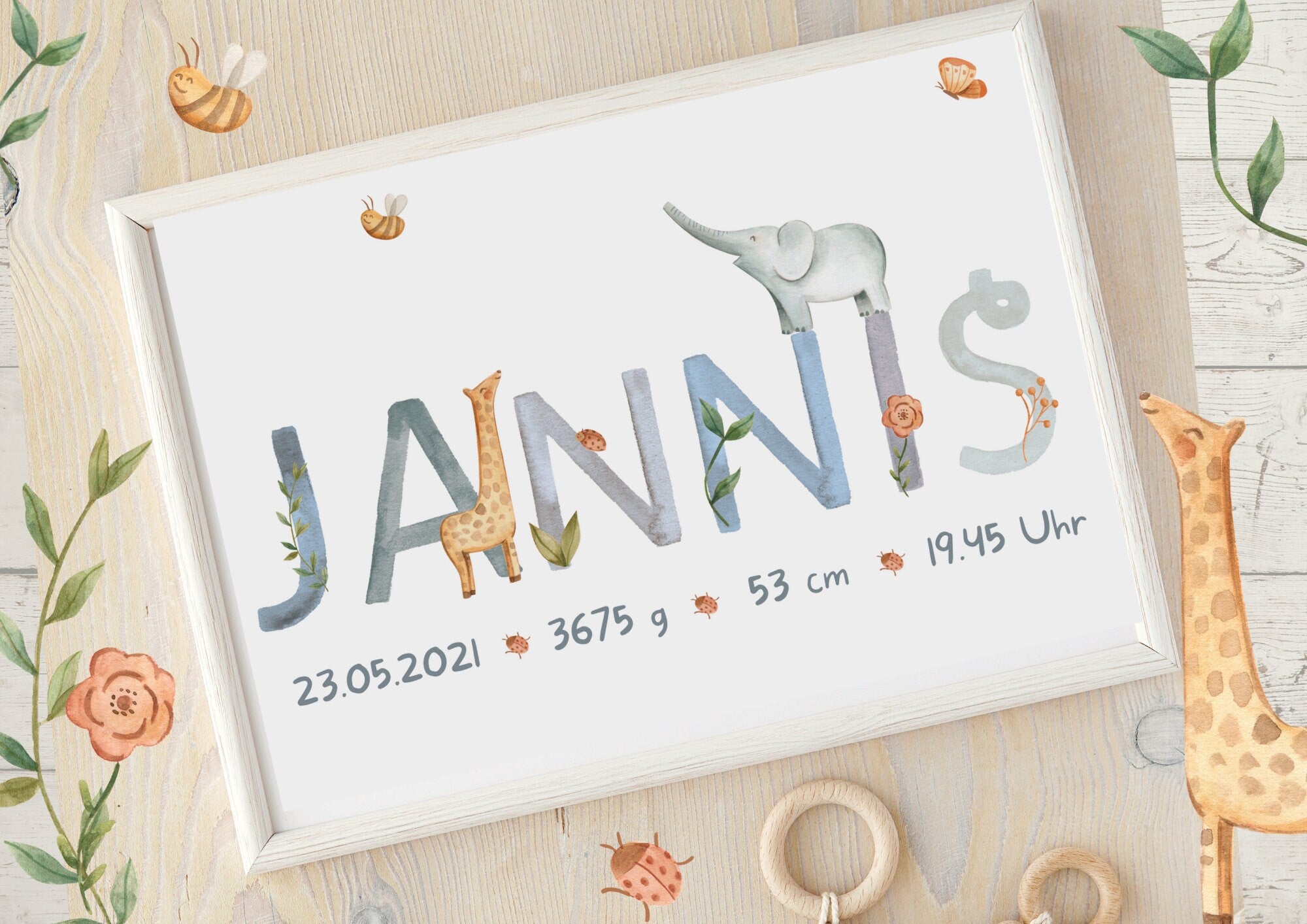 Geburtsanzeige Geburtsposter Geburtsdaten Geschenk zur Geburt Wunschname Tiere Buchstaben