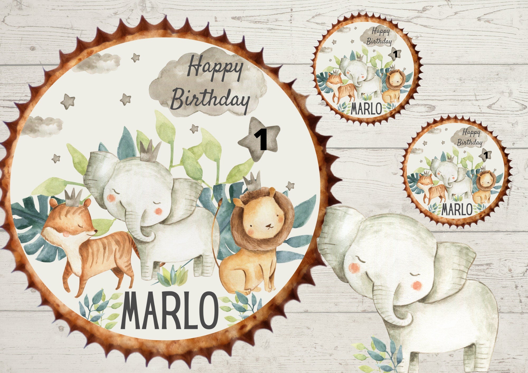 Muffinaufleger Fondant Geburtstag Dschungel Elefant Löwe