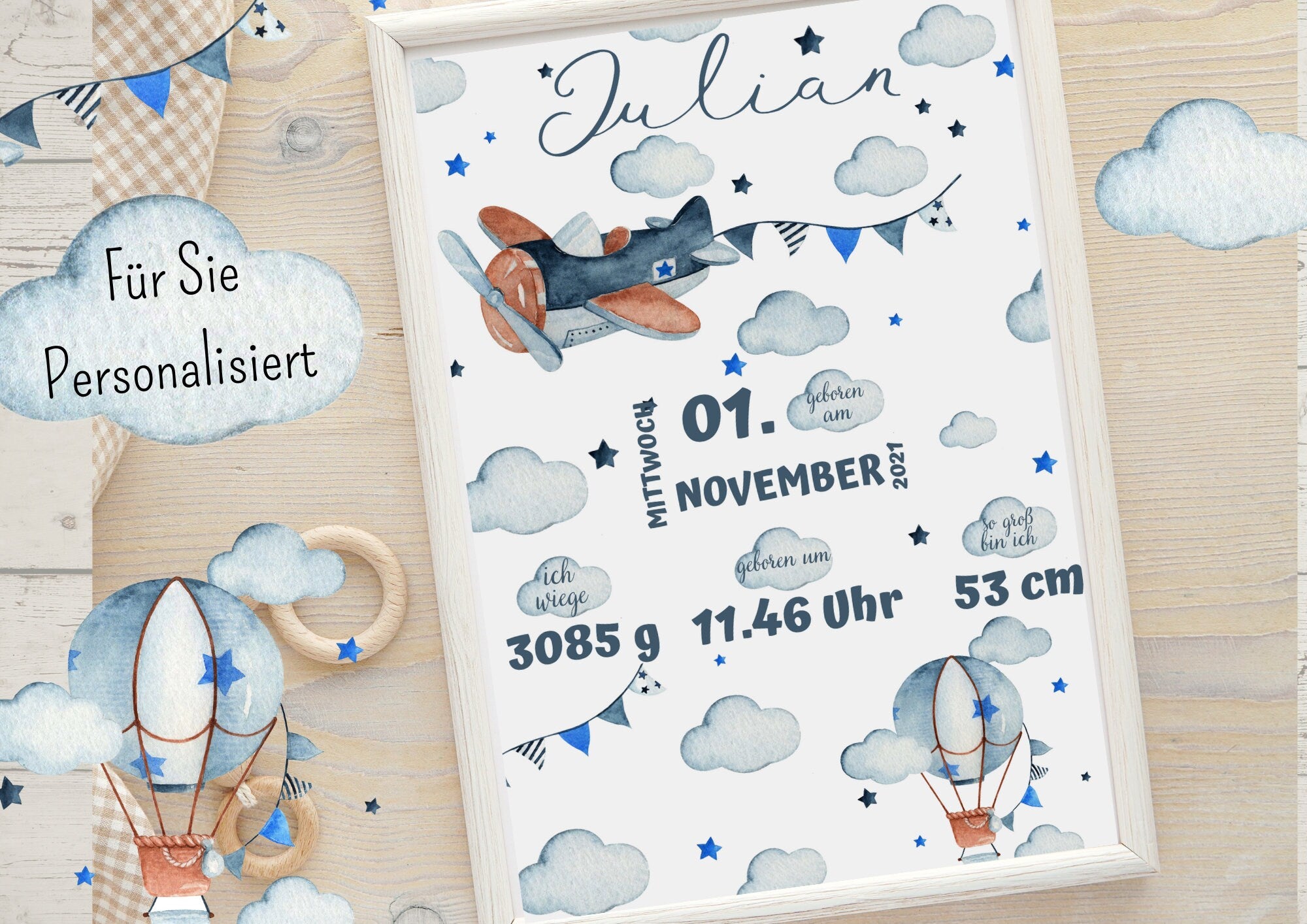 Geburtsanzeige Geburtsposter Geburtsdaten Geschenk zur Geburt Heißluftballon