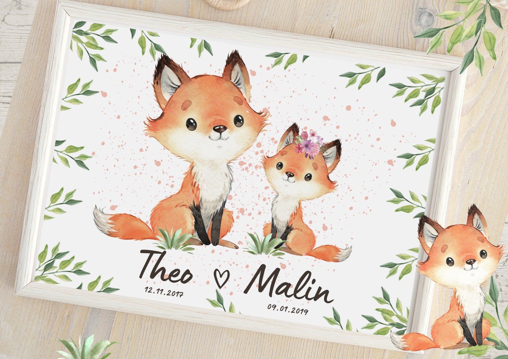 Geschwisterposter Schwester Bruder Geburtsposter Geschenk zur Geburt Fuchs Waldtiere