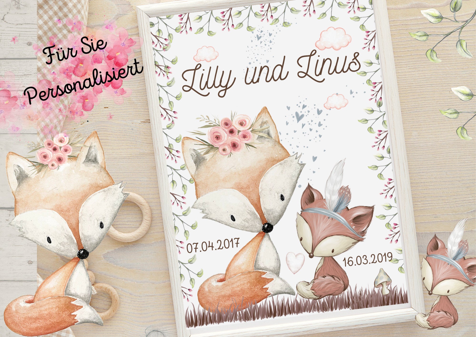 Geschwisterposter Schwester Bruder Geburtsposter Geschenk zur Geburt Fuchs Waldtiere