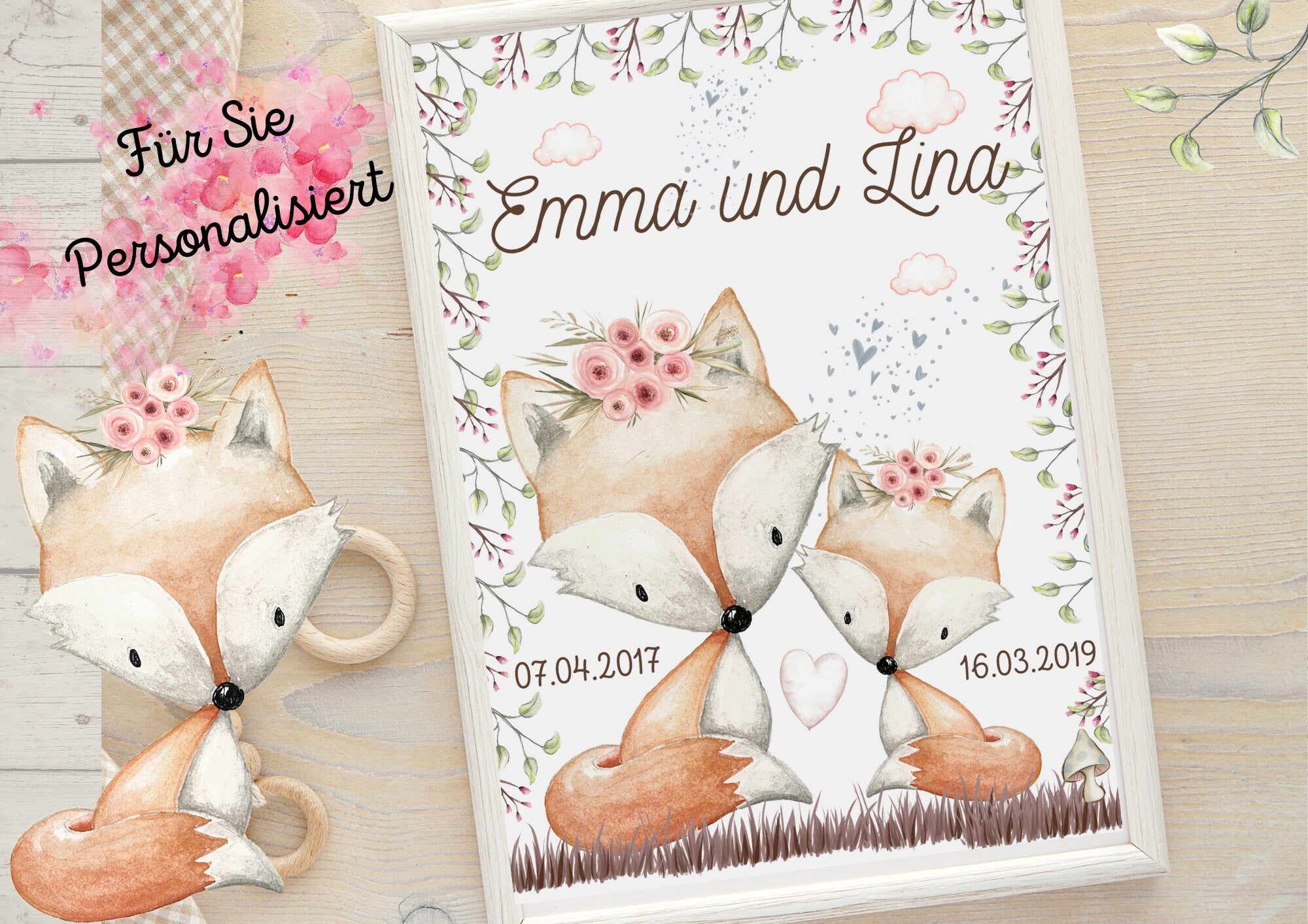 Geschwisterposter Schwester Bruder Geburtsposter Geschenk zur Geburt Fuchs Waldtiere