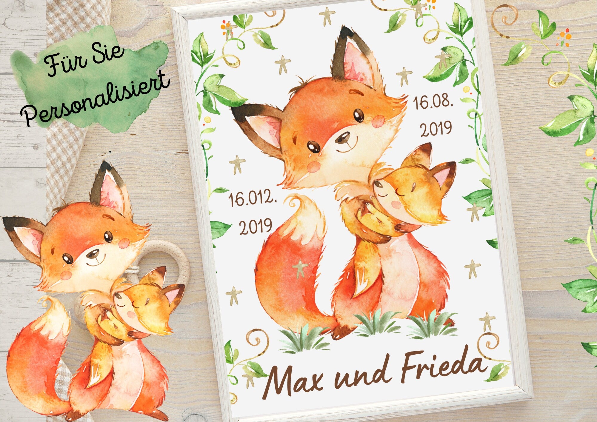 Geschwisterposter Schwester Bruder Geburtsposter Geschenk zur Geburt Fuchs Waldtiere