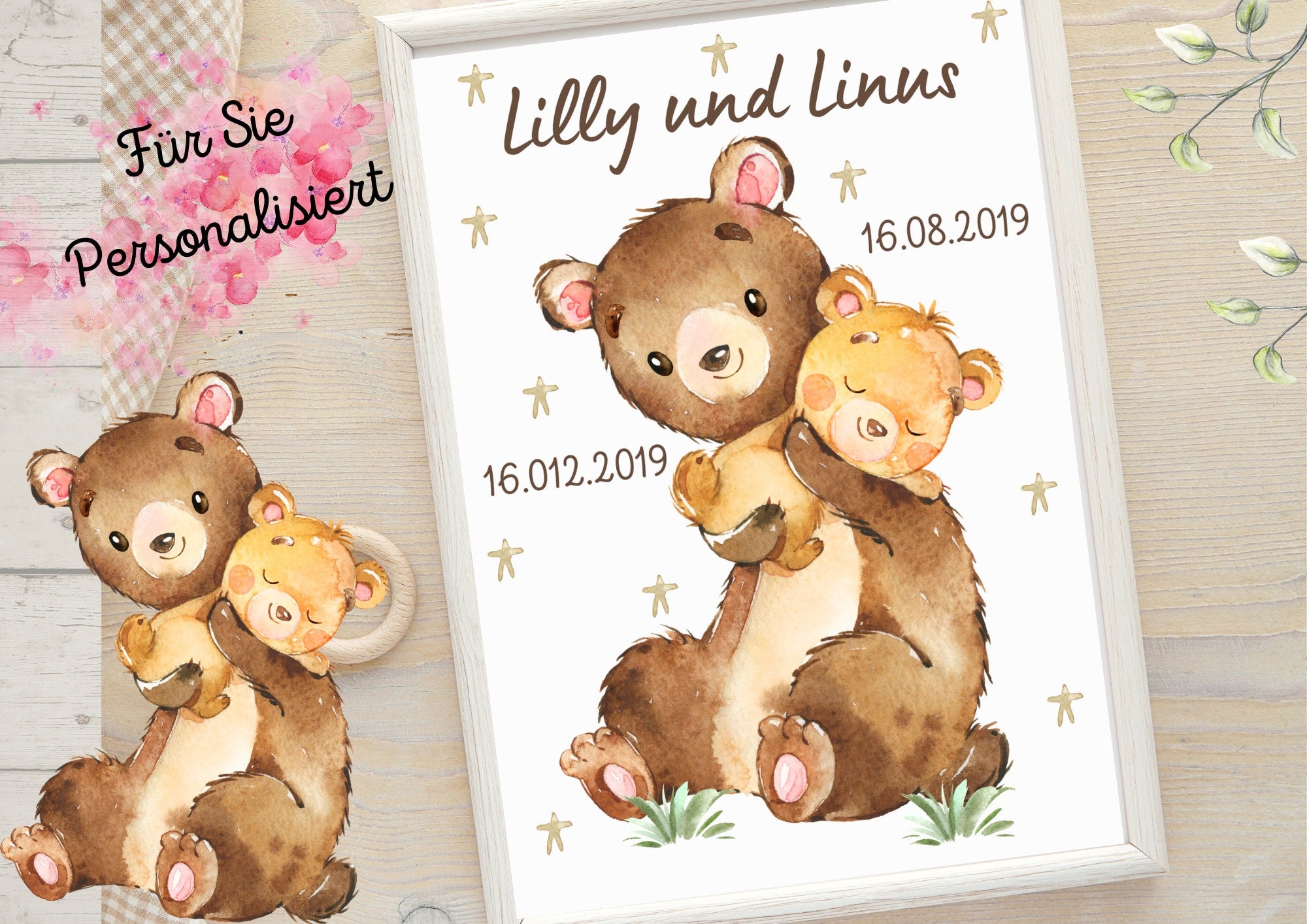 Geschwisterposter Schwester Bruder Geburtsposter Geschenk zur Geburt Bär Waldtiere