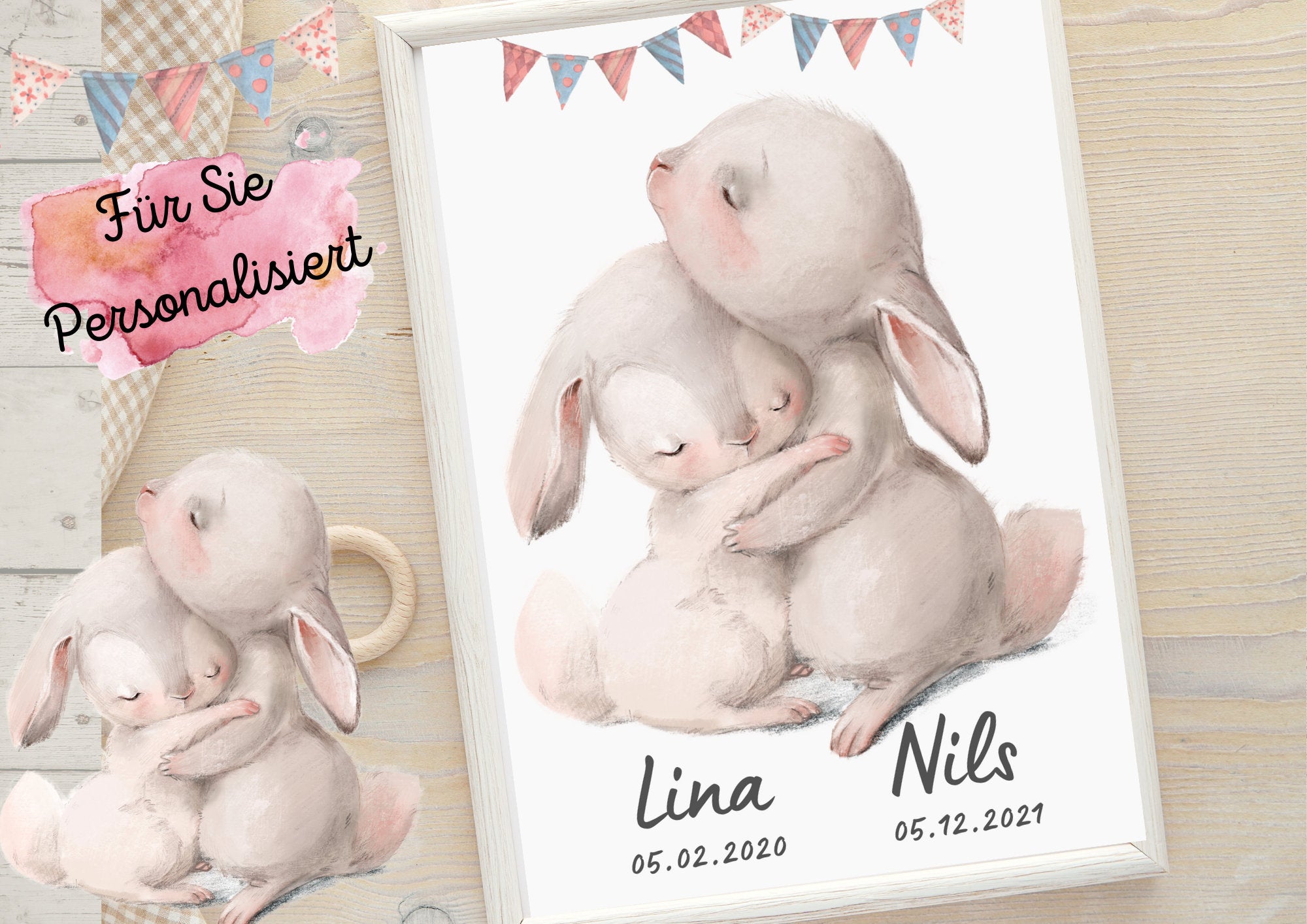 Geschwisterposter Schwester Bruder Geburtsposter Geschenk zur Geburt Hase Kaninchen Waldtiere