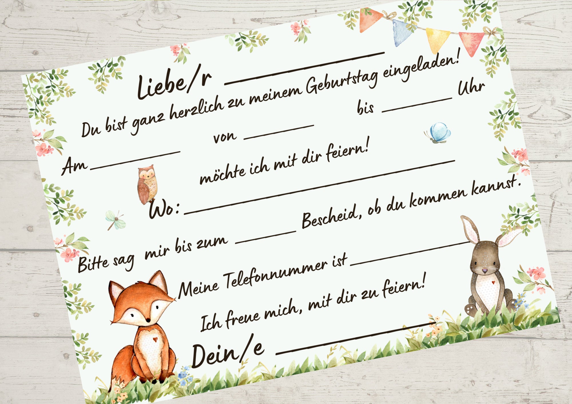 8 Einladungskarten für den geburtstag Waldtiere Fuchs